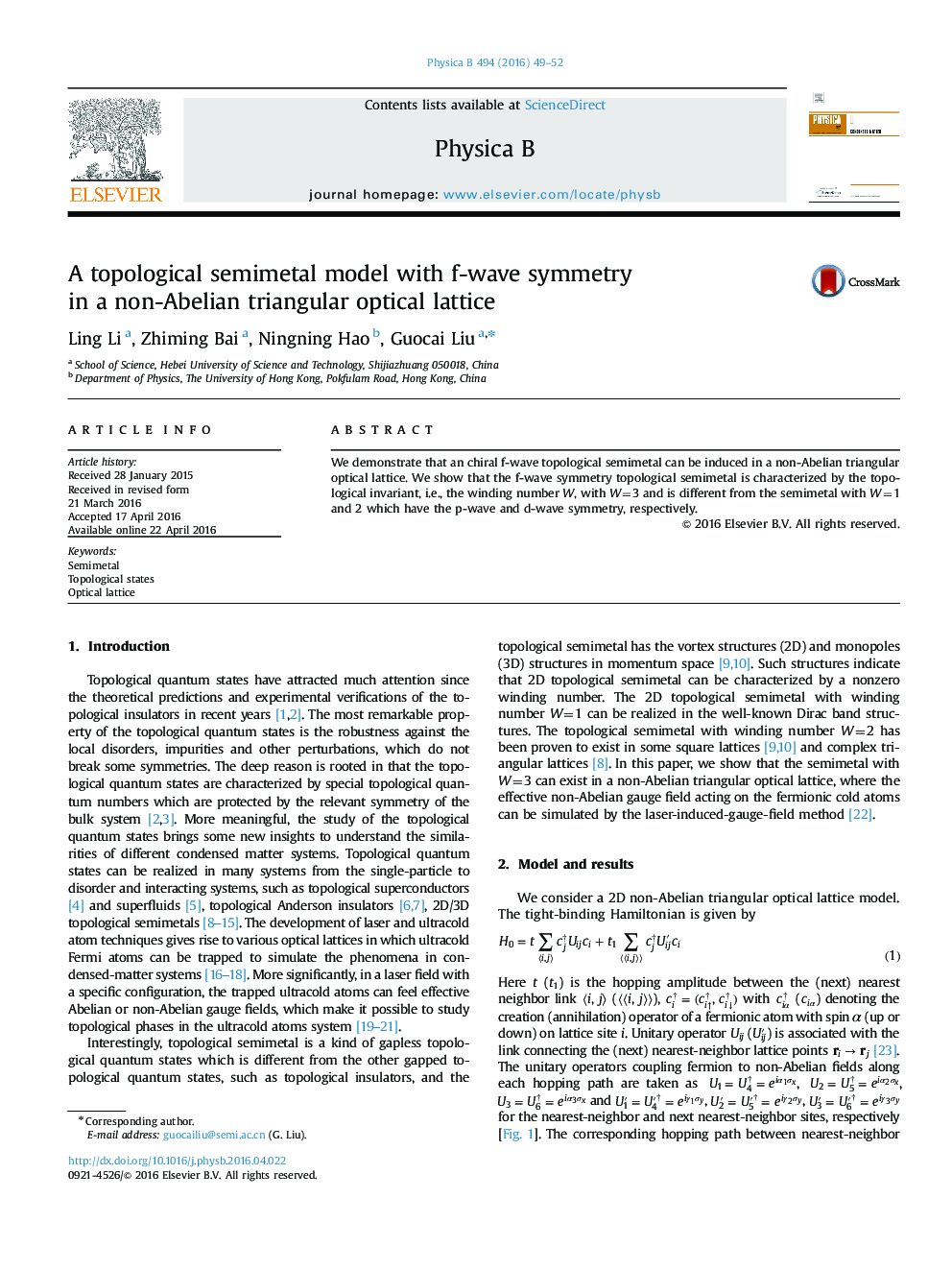 A topological semimetal model with f-wave symmetry in a non-Abelian triangular optical lattice