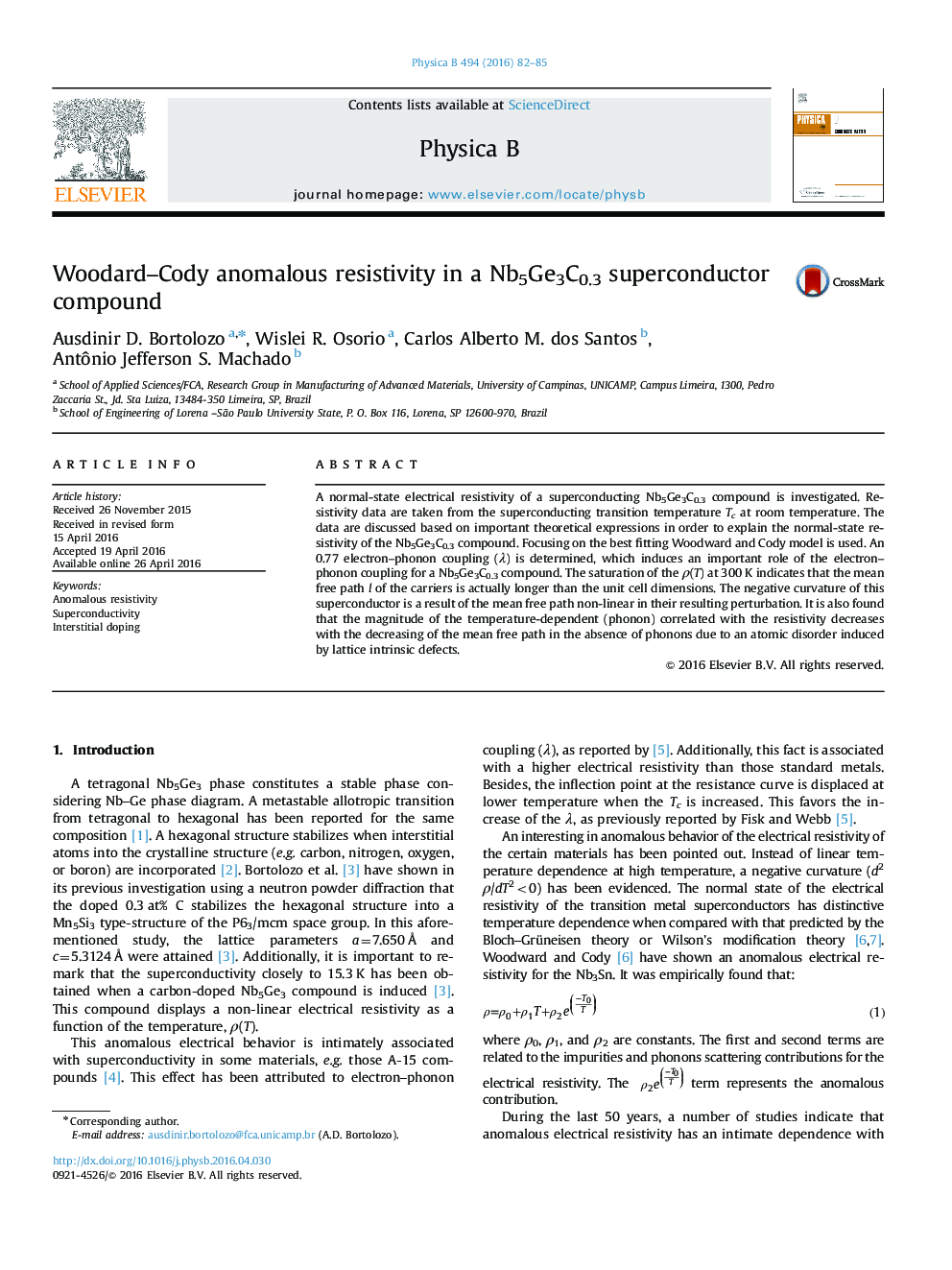 Woodard–Cody anomalous resistivity in a Nb5Ge3C0.3 superconductor compound