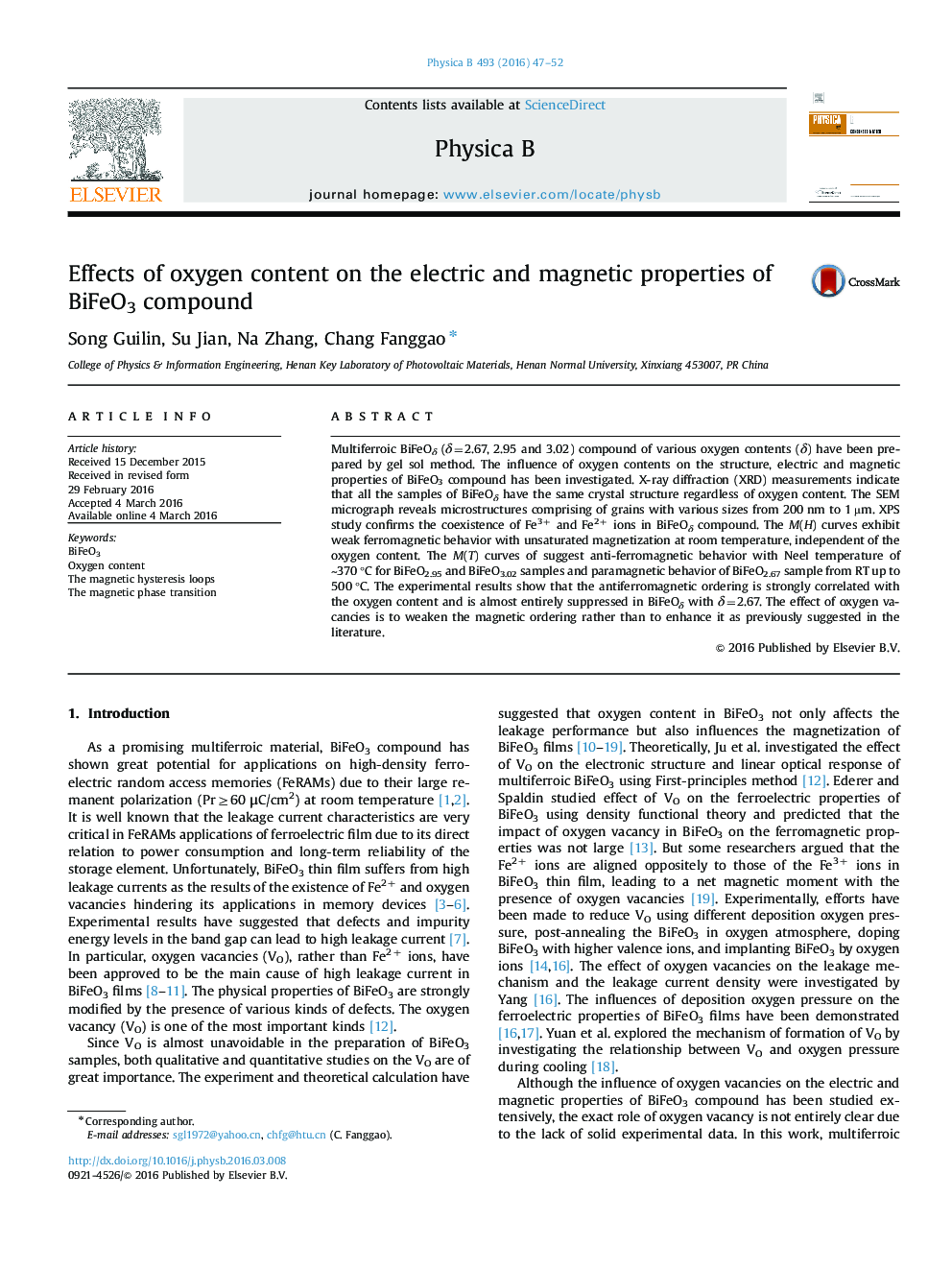 Effects of oxygen content on the electric and magnetic properties of BiFeO3 compound