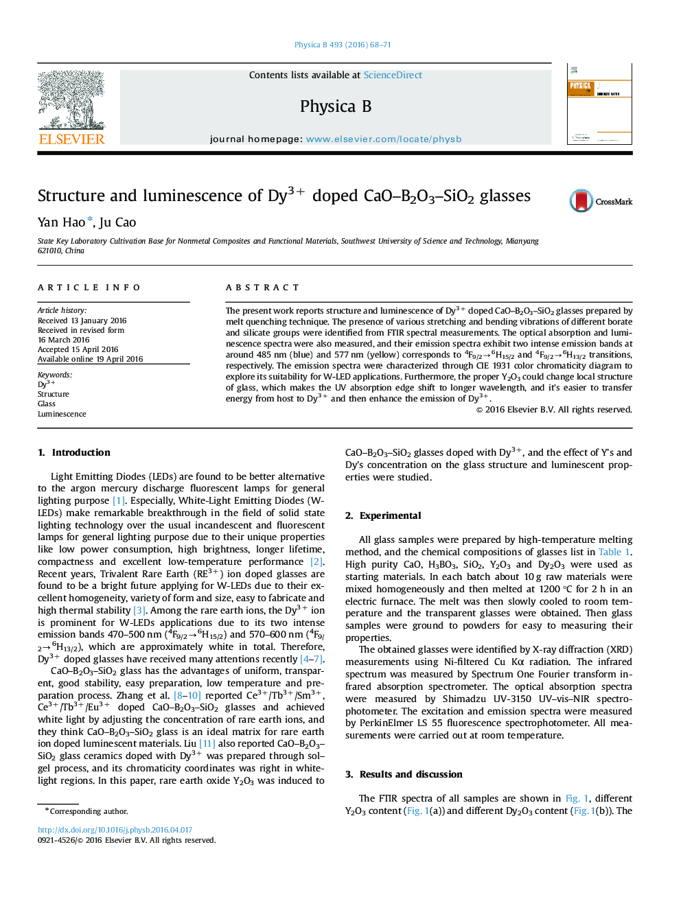 Structure and luminescence of Dy3+ doped CaO–B2O3–SiO2 glasses