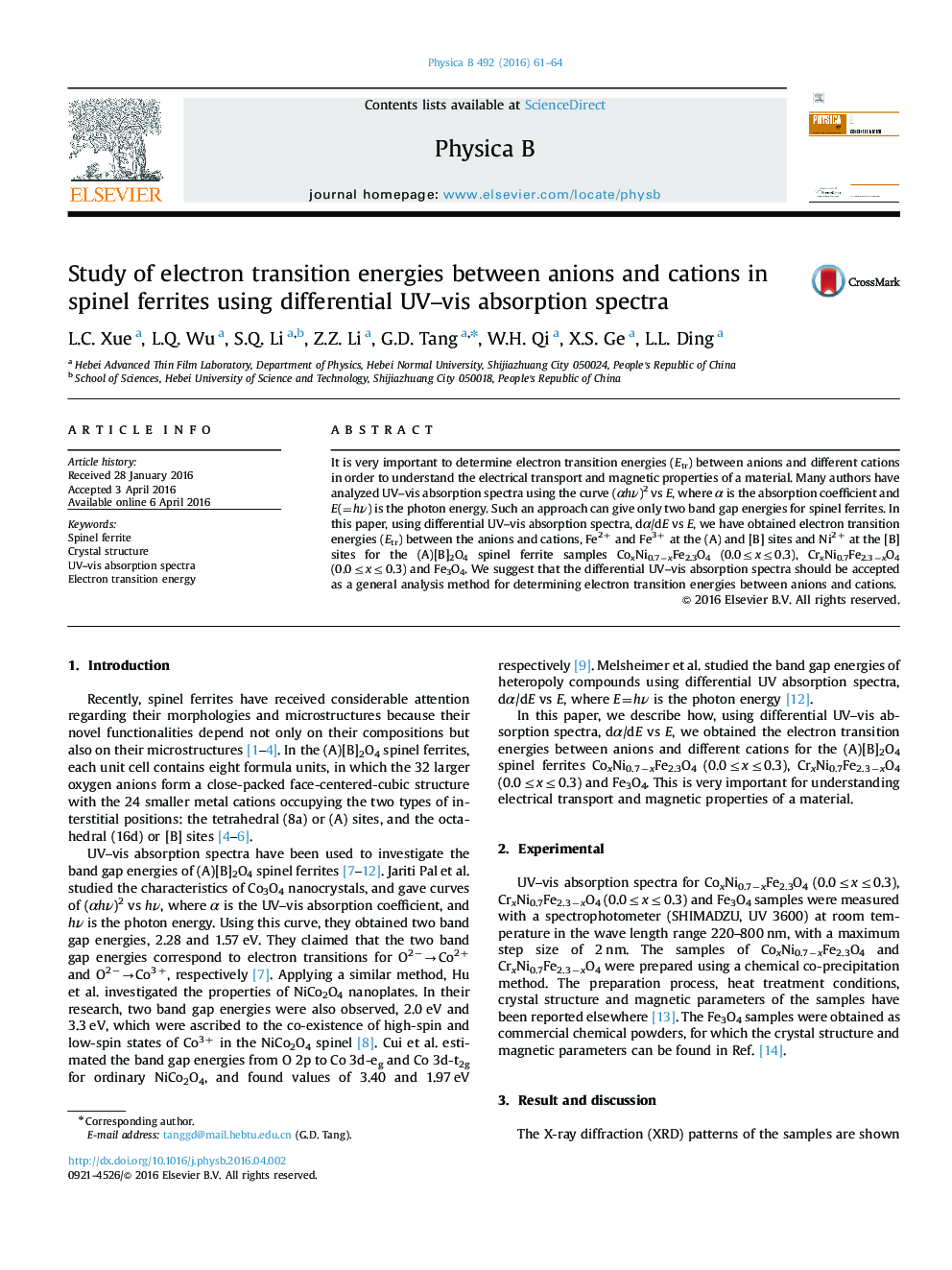 Study of electron transition energies between anions and cations in spinel ferrites using differential UV–vis absorption spectra