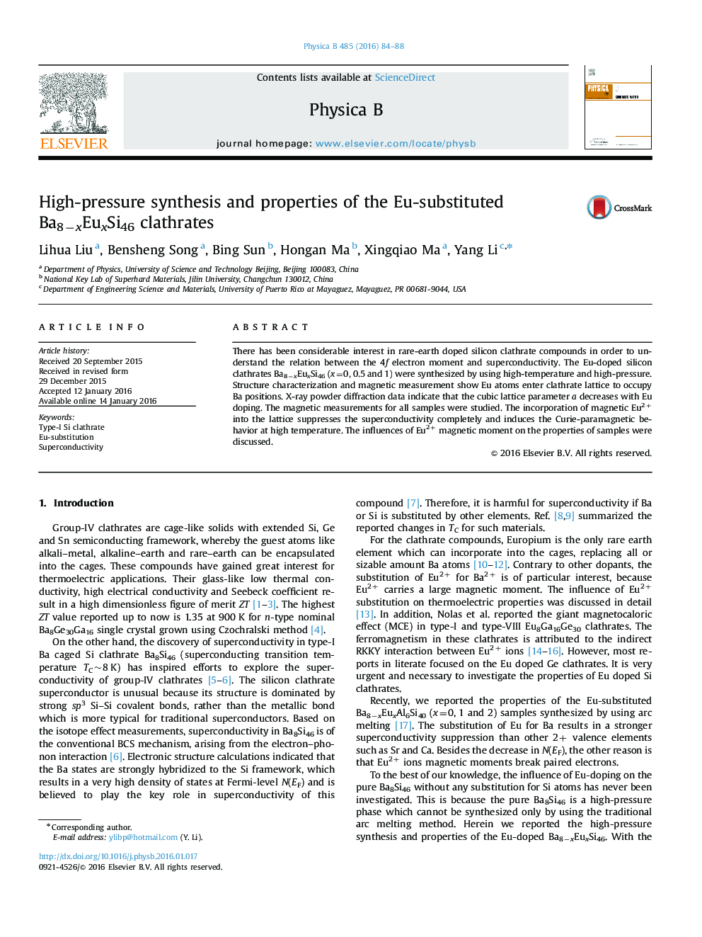 High-pressure synthesis and properties of the Eu-substituted Ba8−xEuxSi46 clathrates