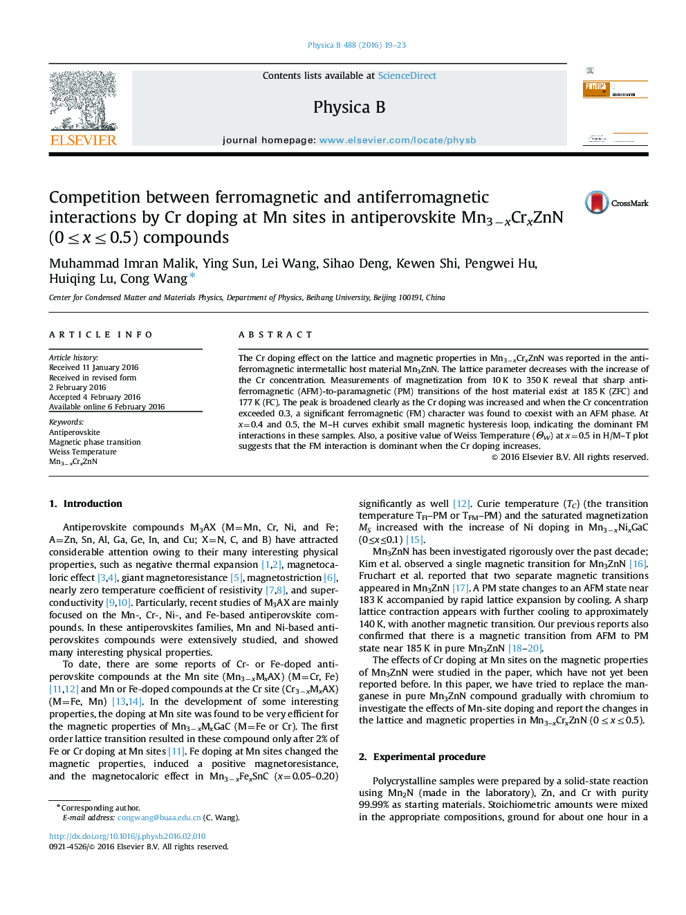 Competition between ferromagnetic and antiferromagnetic interactions by Cr doping at Mn sites in antiperovskite Mn3−xCrxZnN (0≤x≤0.5) compounds