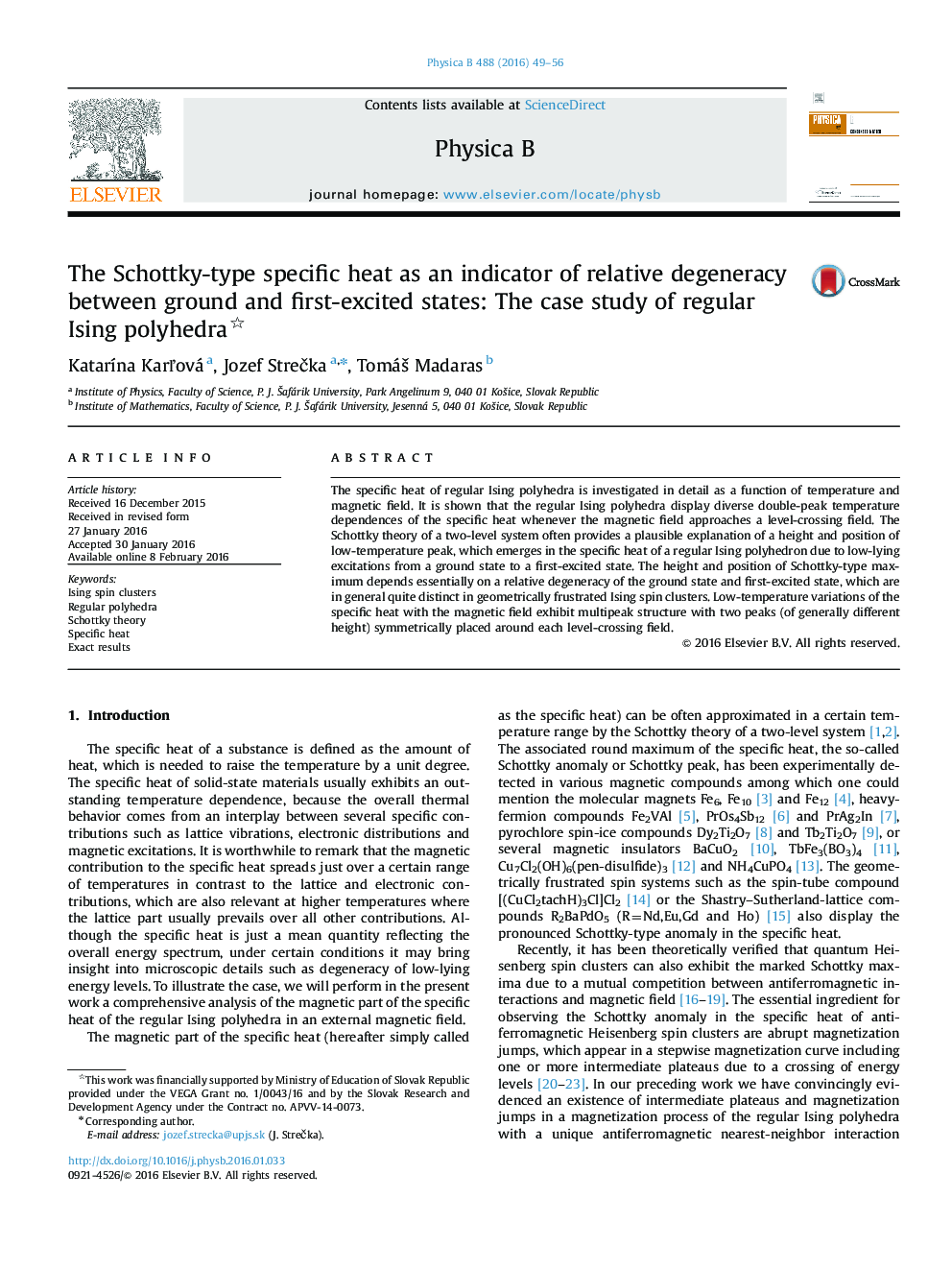 The Schottky-type specific heat as an indicator of relative degeneracy between ground and first-excited states: The case study of regular Ising polyhedra 