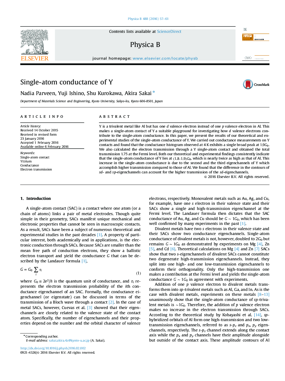 Single-atom conductance of Y