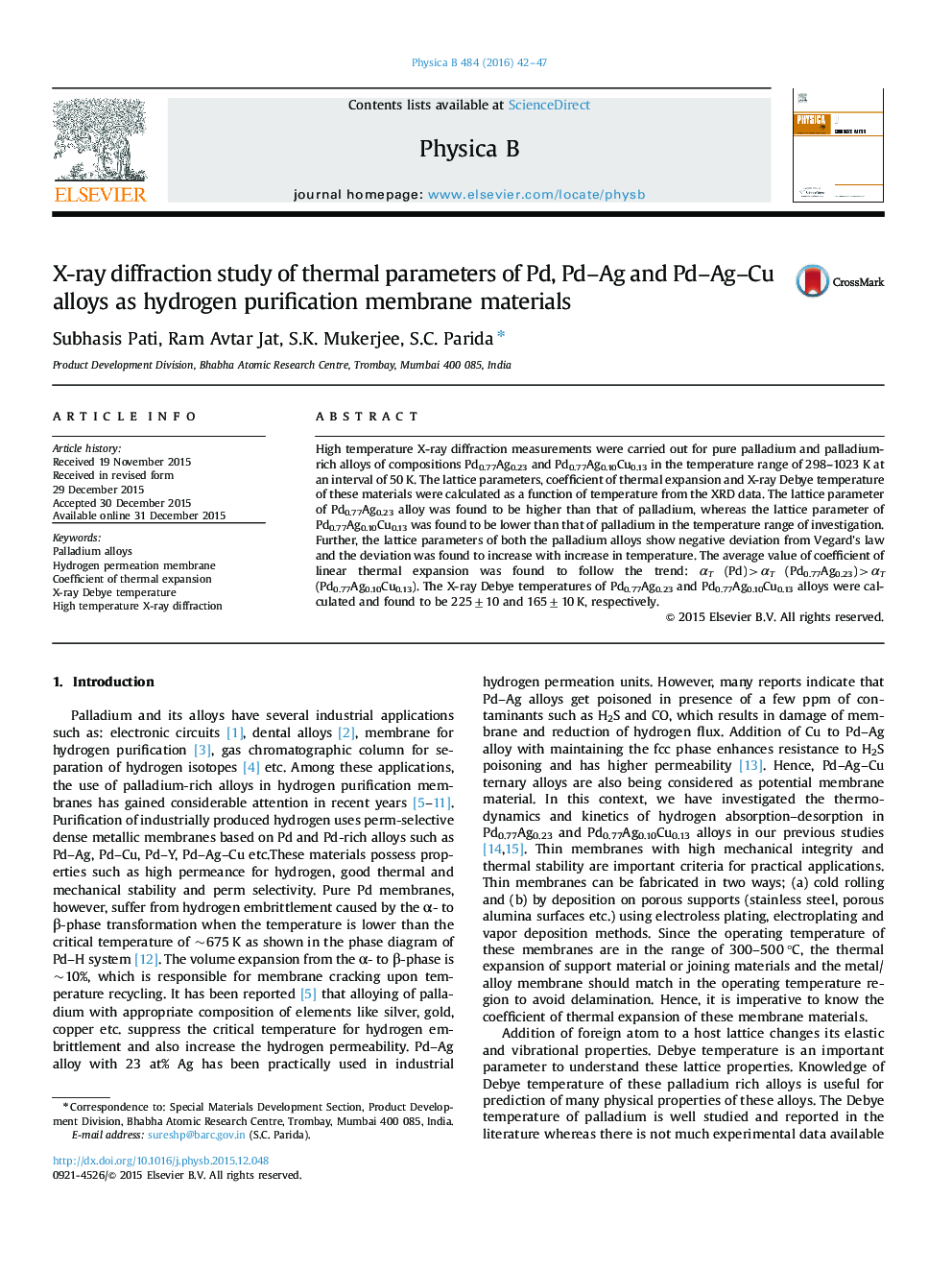 X-ray diffraction study of thermal parameters of Pd, Pd–Ag and Pd–Ag–Cu alloys as hydrogen purification membrane materials