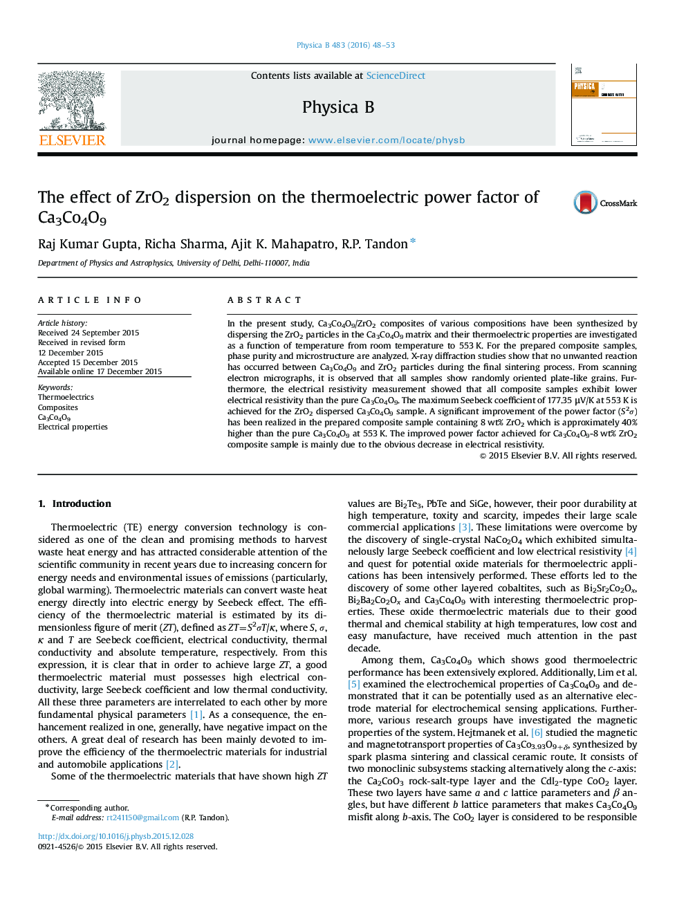 The effect of ZrO2 dispersion on the thermoelectric power factor of Ca3Co4O9
