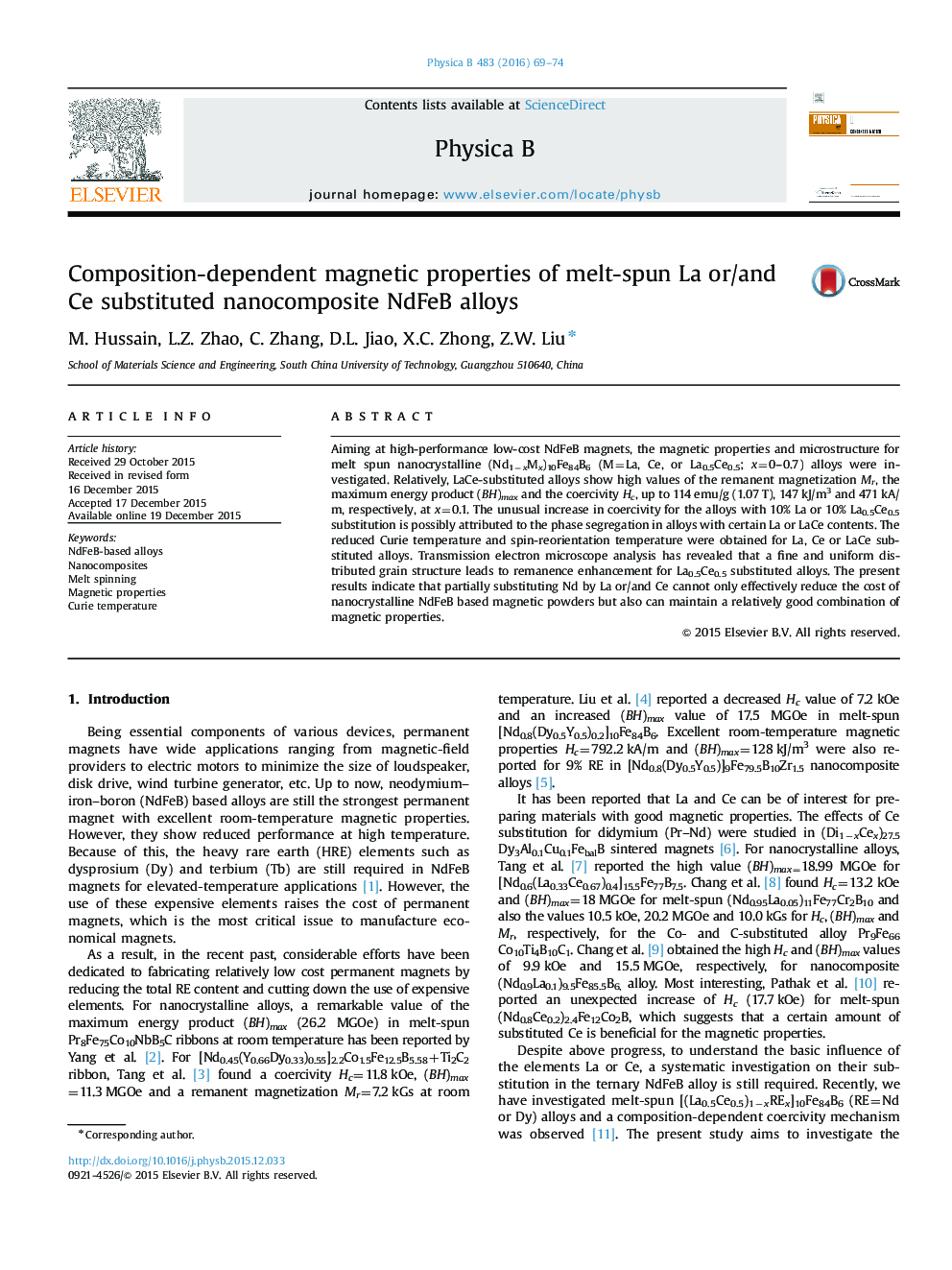 Composition-dependent magnetic properties of melt-spun La or/and Ce substituted nanocomposite NdFeB alloys