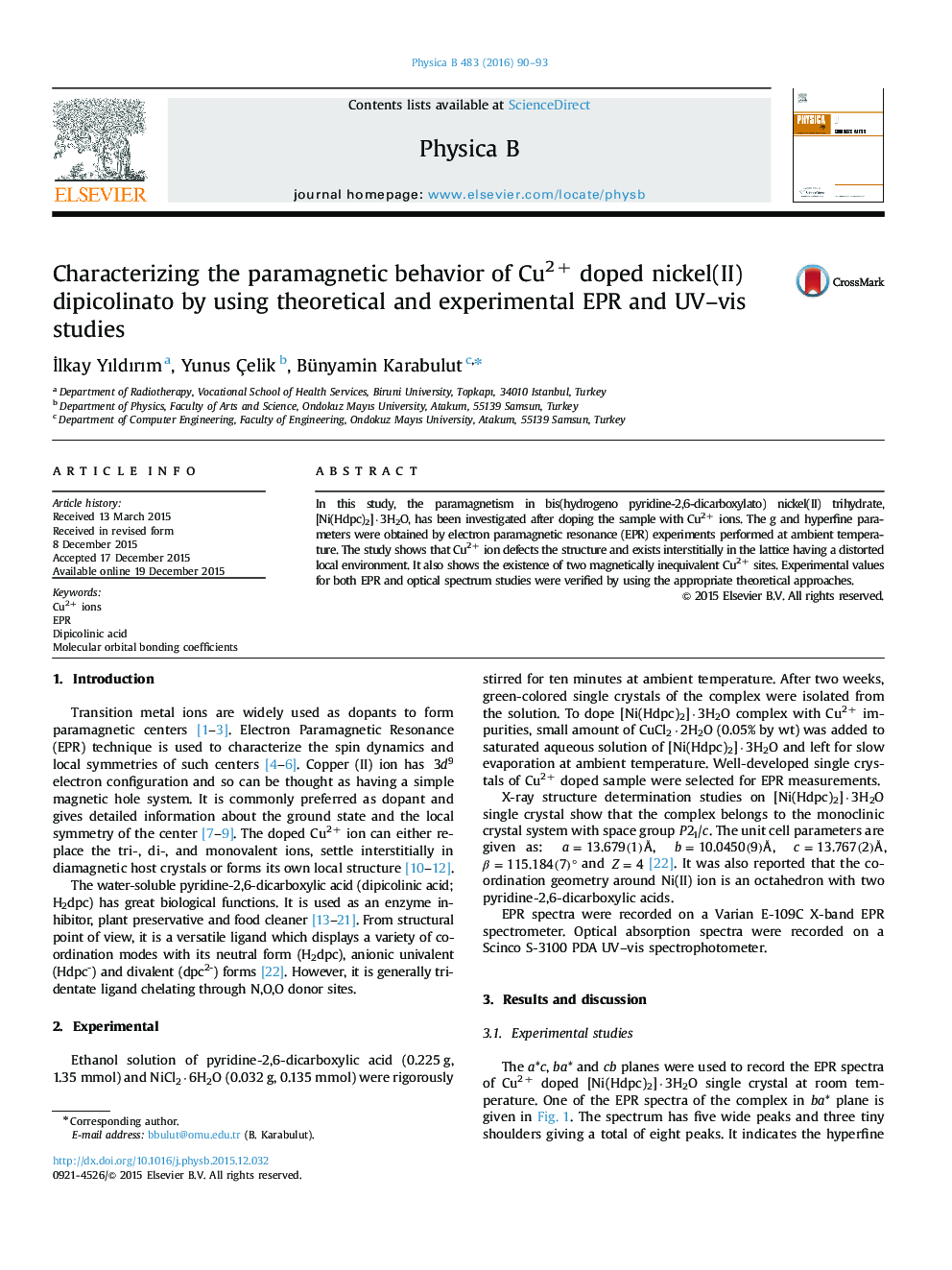 Characterizing the paramagnetic behavior of Cu2+ doped nickel(II) dipicolinato by using theoretical and experimental EPR and UV–vis studies