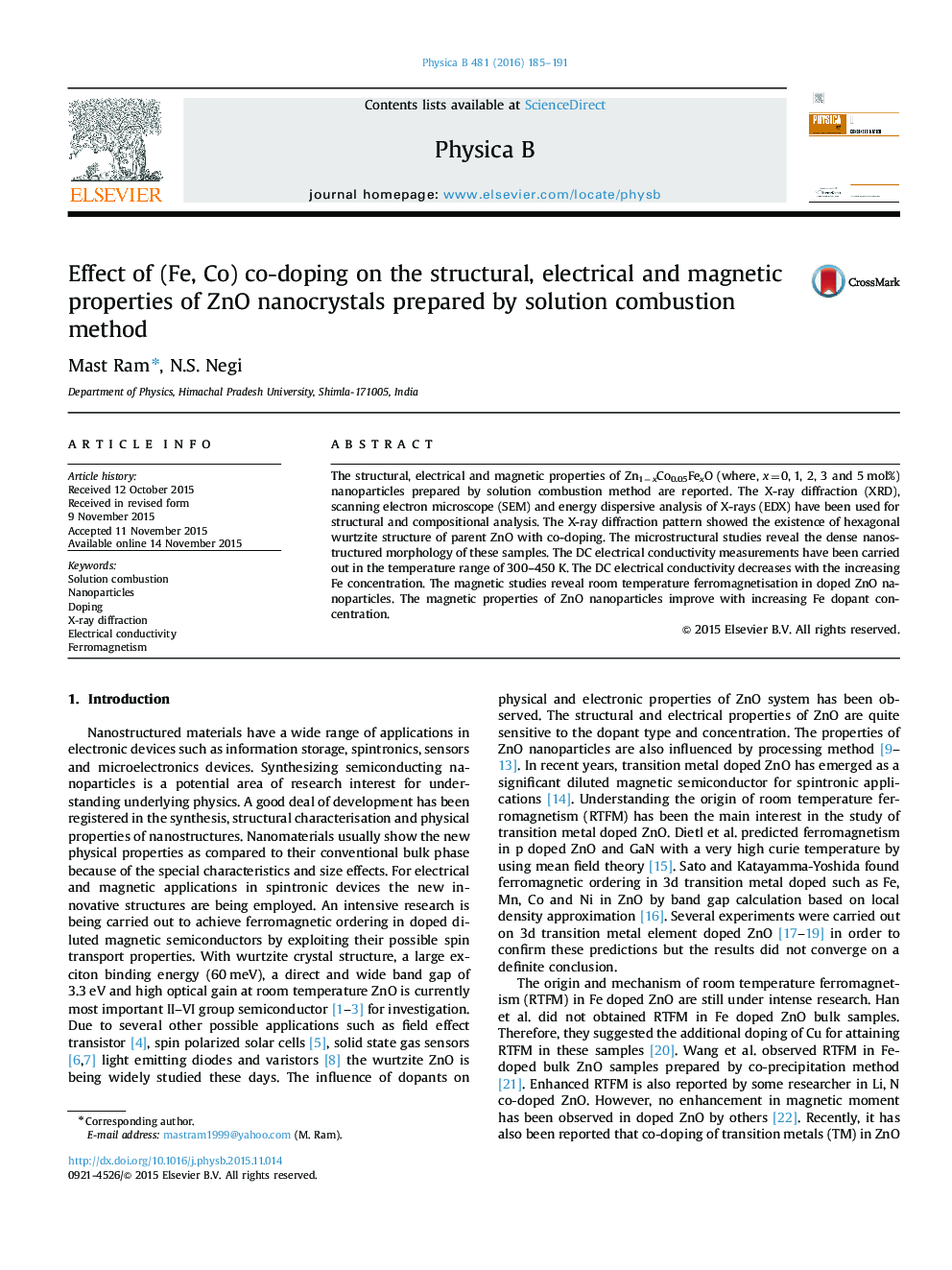 Effect of (Fe, Co) co-doping on the structural, electrical and magnetic properties of ZnO nanocrystals prepared by solution combustion method