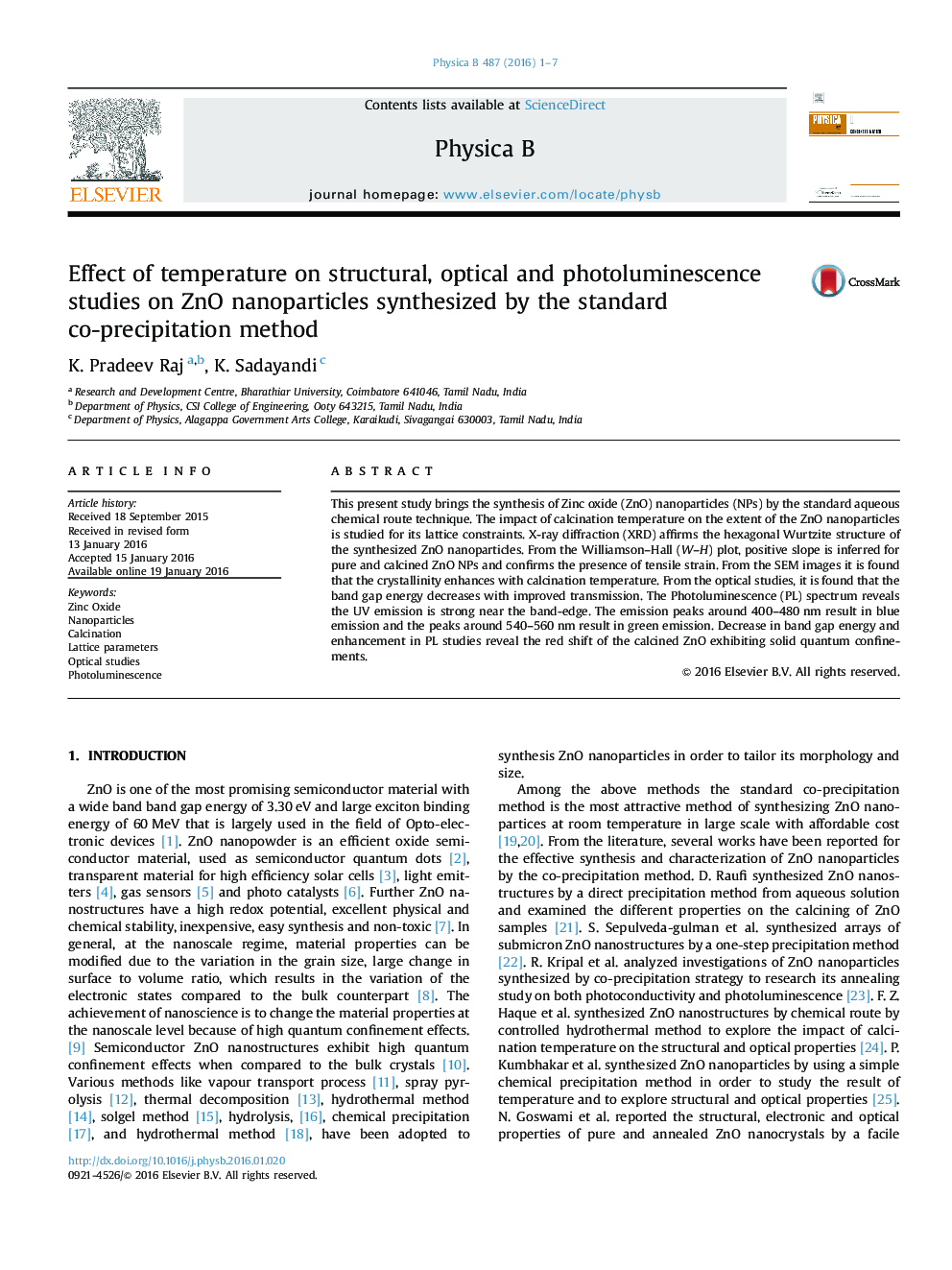 Effect of temperature on structural, optical and photoluminescence studies on ZnO nanoparticles synthesized by the standard co-precipitation method