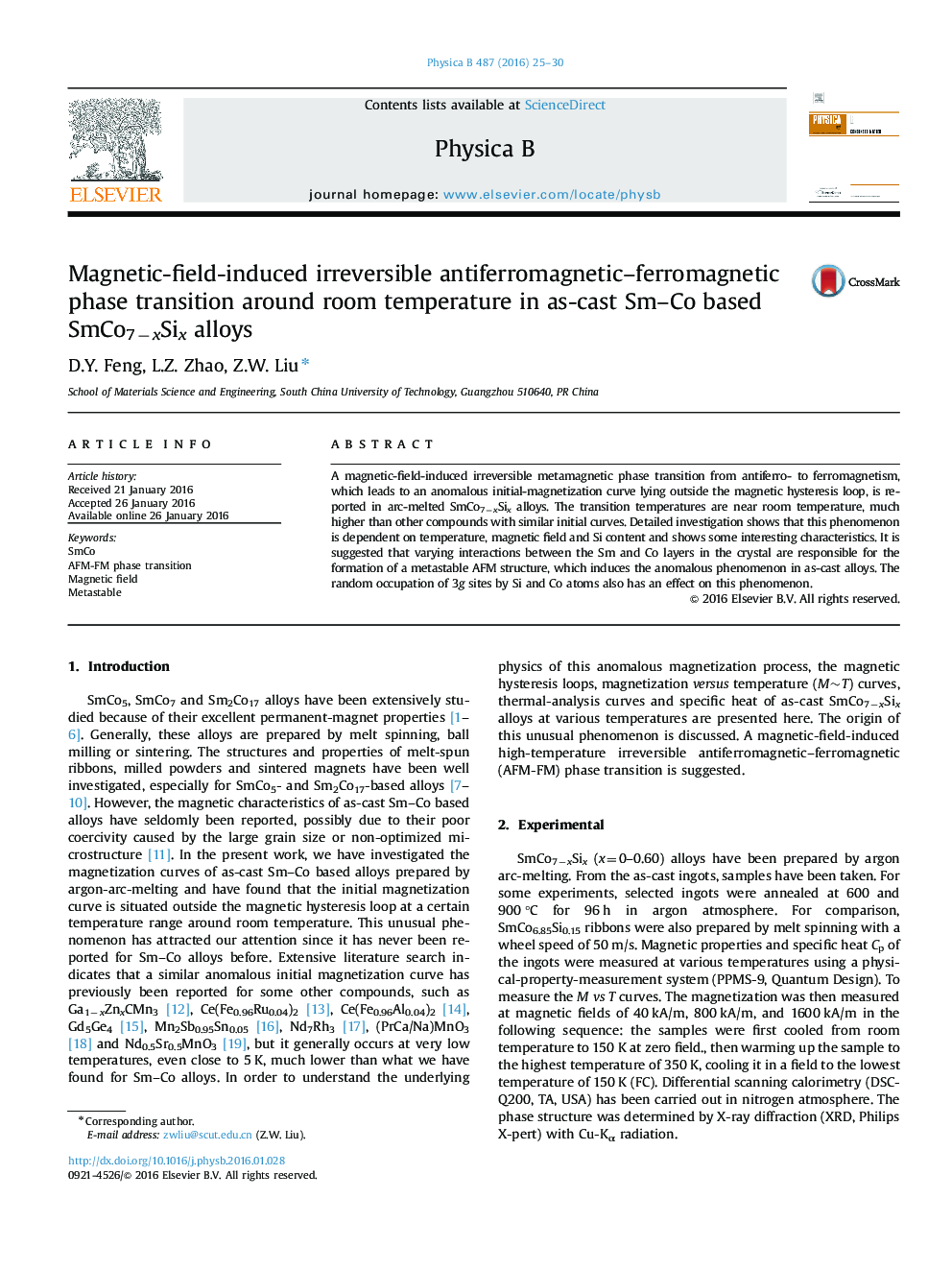 Magnetic-field-induced irreversible antiferromagnetic–ferromagnetic phase transition around room temperature in as-cast Sm–Co based SmCo7−xSix alloys