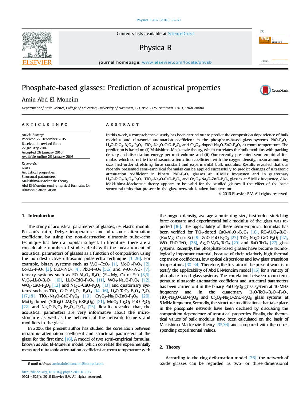 Phosphate-based glasses: Prediction of acoustical properties