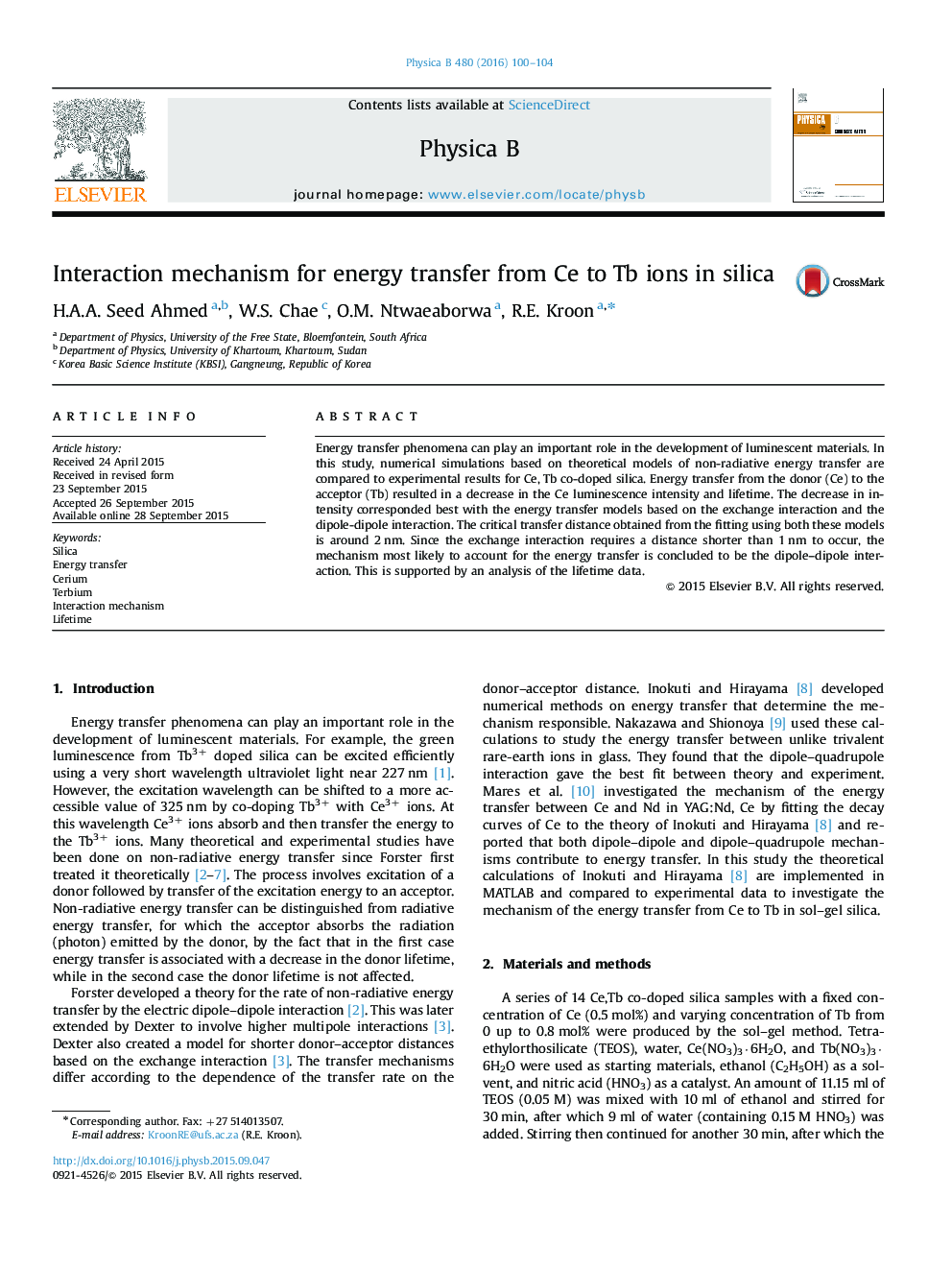 عکس صفحه اول مقاله: Interaction mechanism for energy transfer from Ce to Tb ions in silica Interaction mechanism for energy transfer from Ce to Tb ions in silica