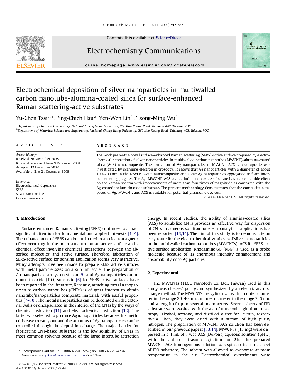 عکس صفحه اول مقاله: Electrochemical deposition of silver nanoparticles in multiwalled carbon nanotube-alumina-coated silica for surface-enhanced Raman scattering-active substrates Electrochemical deposition of silver nanoparticles in multiwalled carbon nanotube-alumina-coated silica for surface-enhanced Raman scattering-active substrates