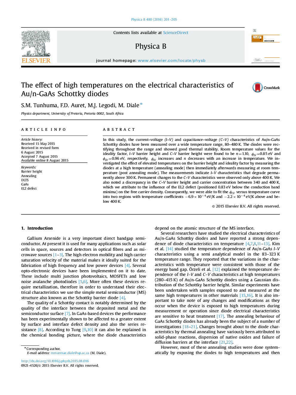 The effect of high temperatures on the electrical characteristics of Au/n-GaAs Schottky diodes
