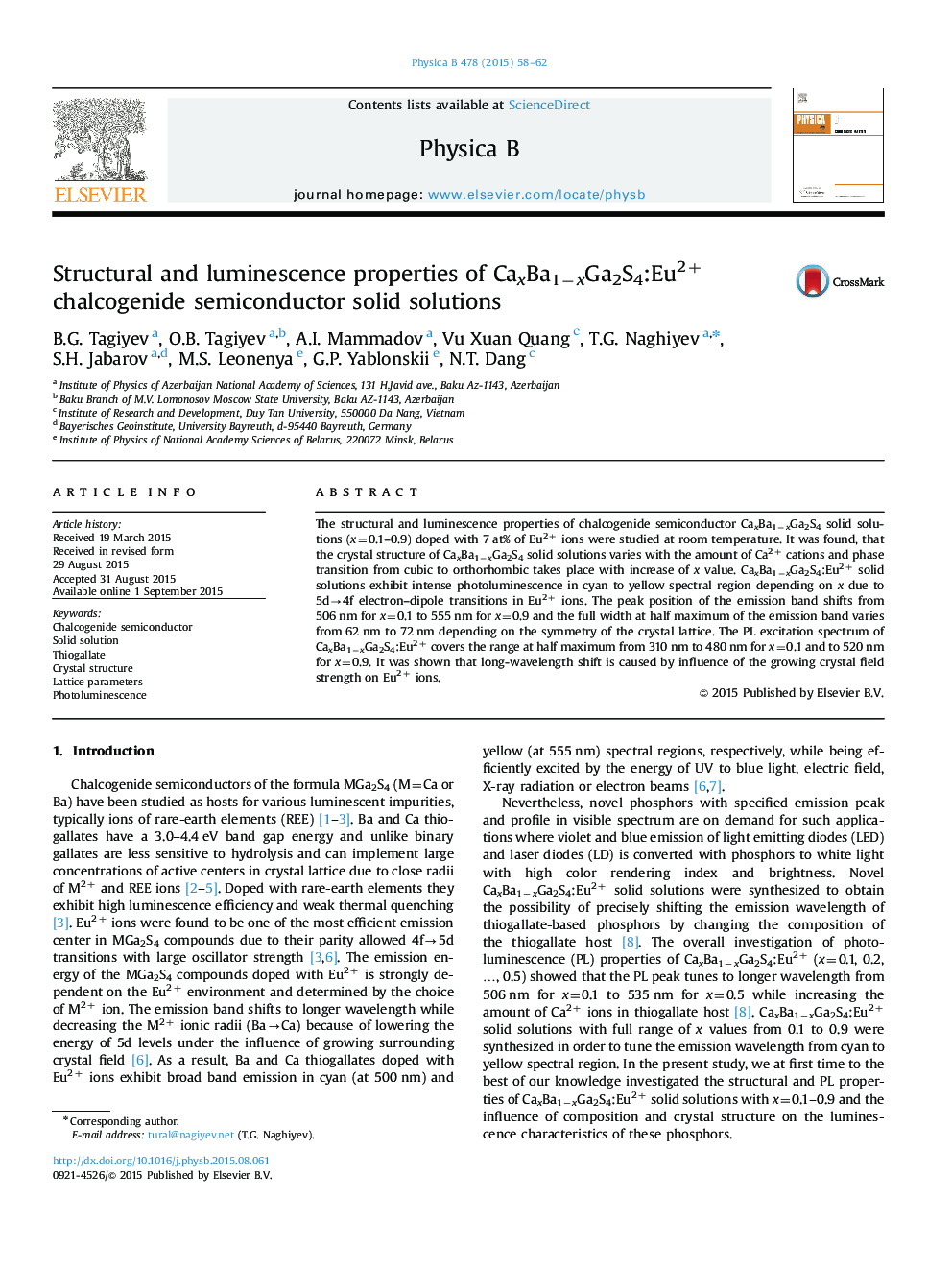 Structural and luminescence properties of CaxBa1âxGa2S4:Eu2+ chalcogenide semiconductor solid solutions