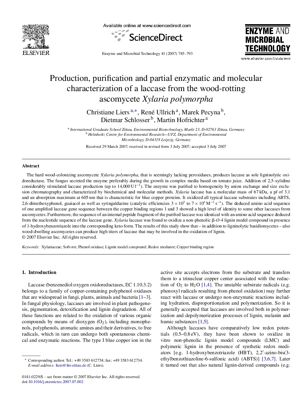 Production, purification and partial enzymatic and molecular characterization of a laccase from the wood-rotting ascomycete Xylaria polymorpha