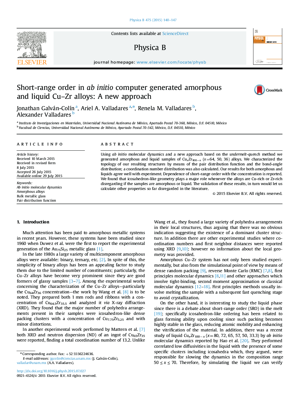 Short-range order in ab initio computer generated amorphous and liquid Cu-Zr alloys: A new approach