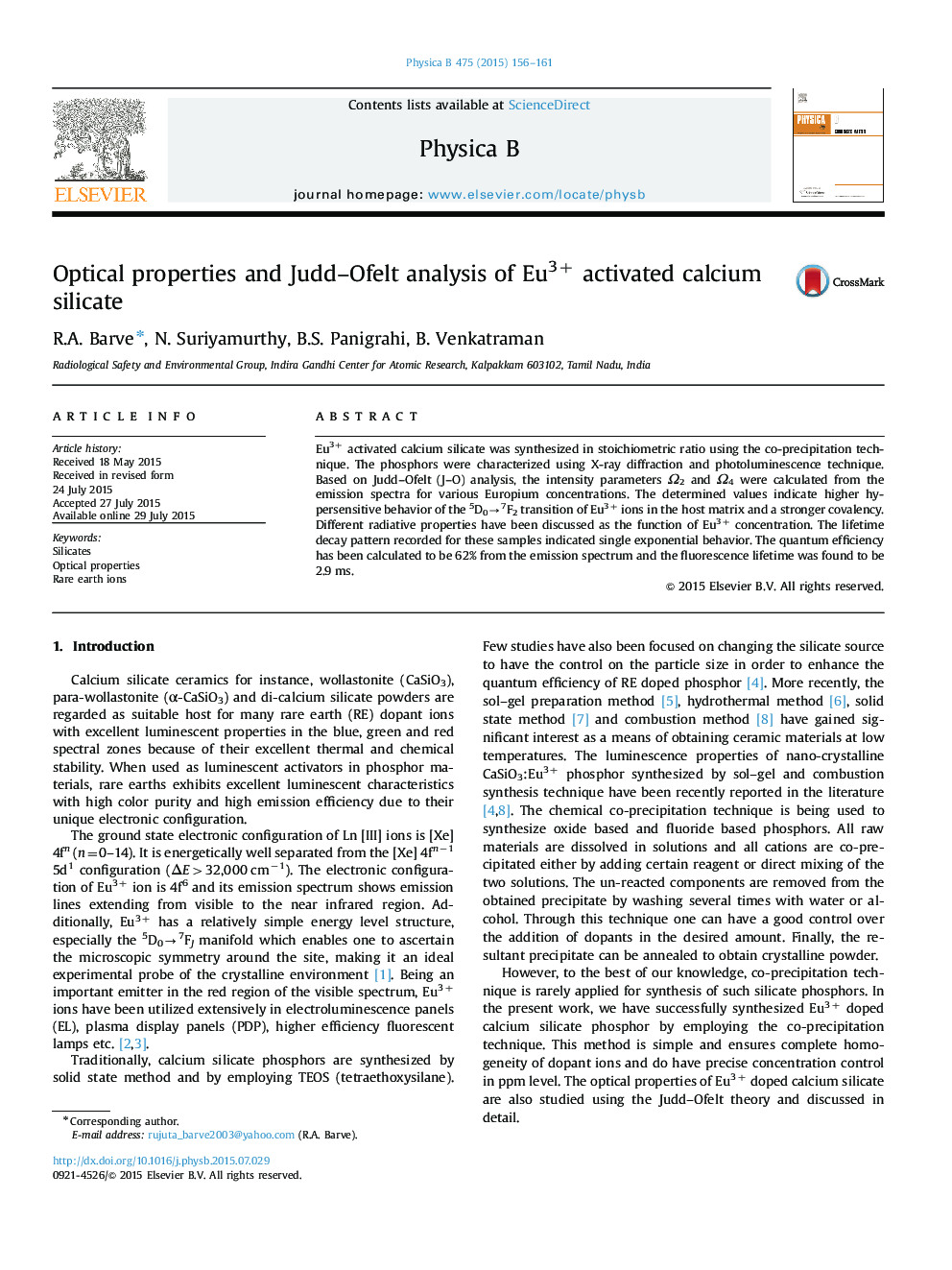 Optical properties and Judd–Ofelt analysis of Eu3+ activated calcium silicate