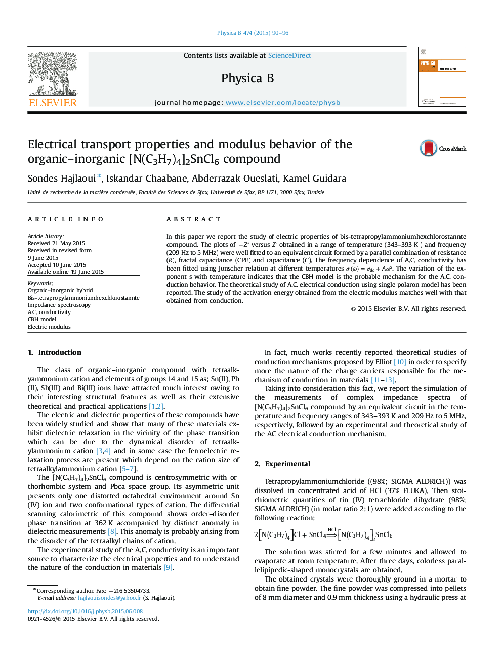 Electrical transport properties and modulus behavior of the organic–inorganic [N(C3H7)4]2SnCl6 compound