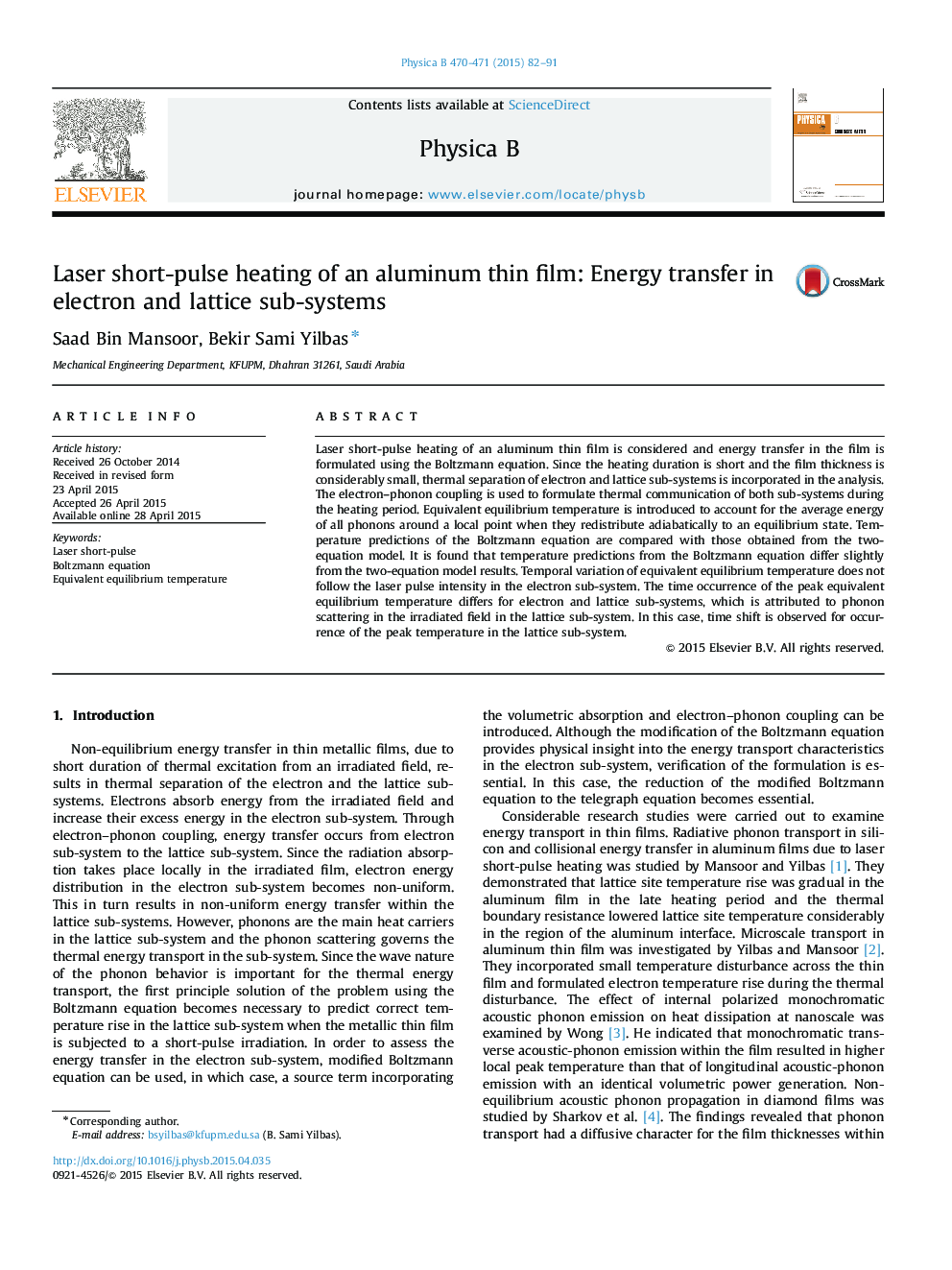 Laser short-pulse heating of an aluminum thin film: Energy transfer in electron and lattice sub-systems