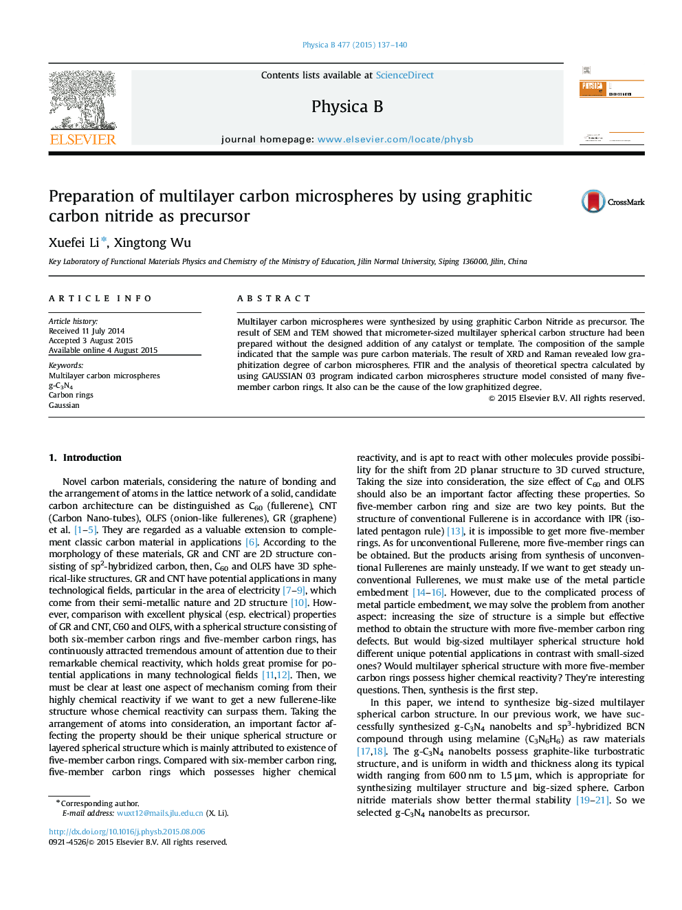 Preparation of multilayer carbon microspheres by using graphitic carbon nitride as precursor