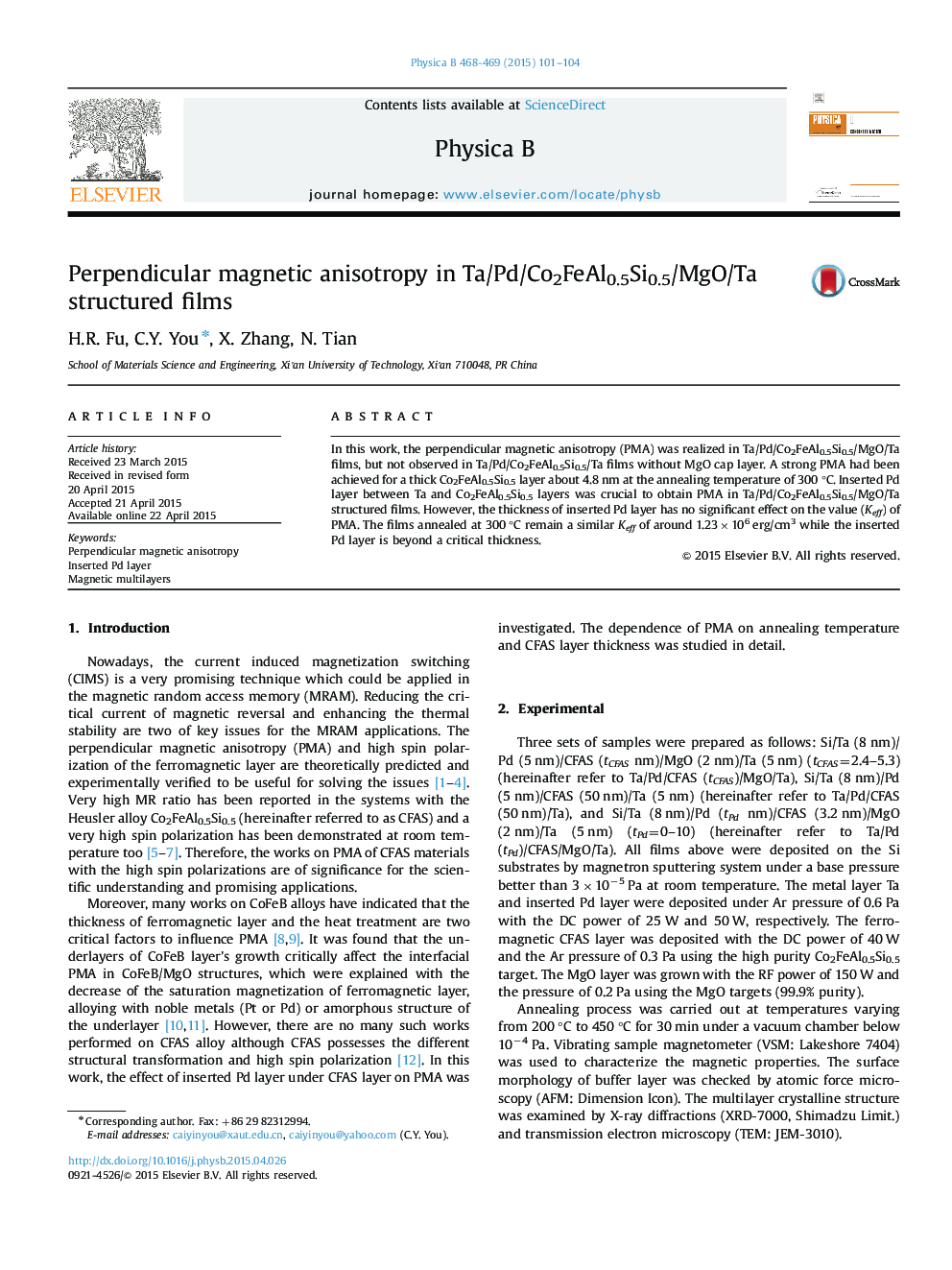 Perpendicular magnetic anisotropy in Ta/Pd/Co2FeAl0.5Si0.5/MgO/Ta structured films