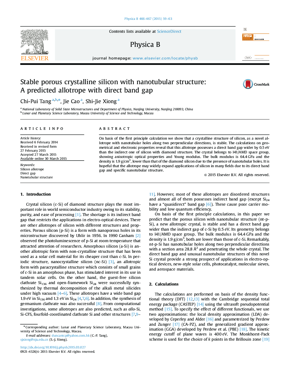 Stable porous crystalline silicon with nanotubular structure: A predicted allotrope with direct band gap