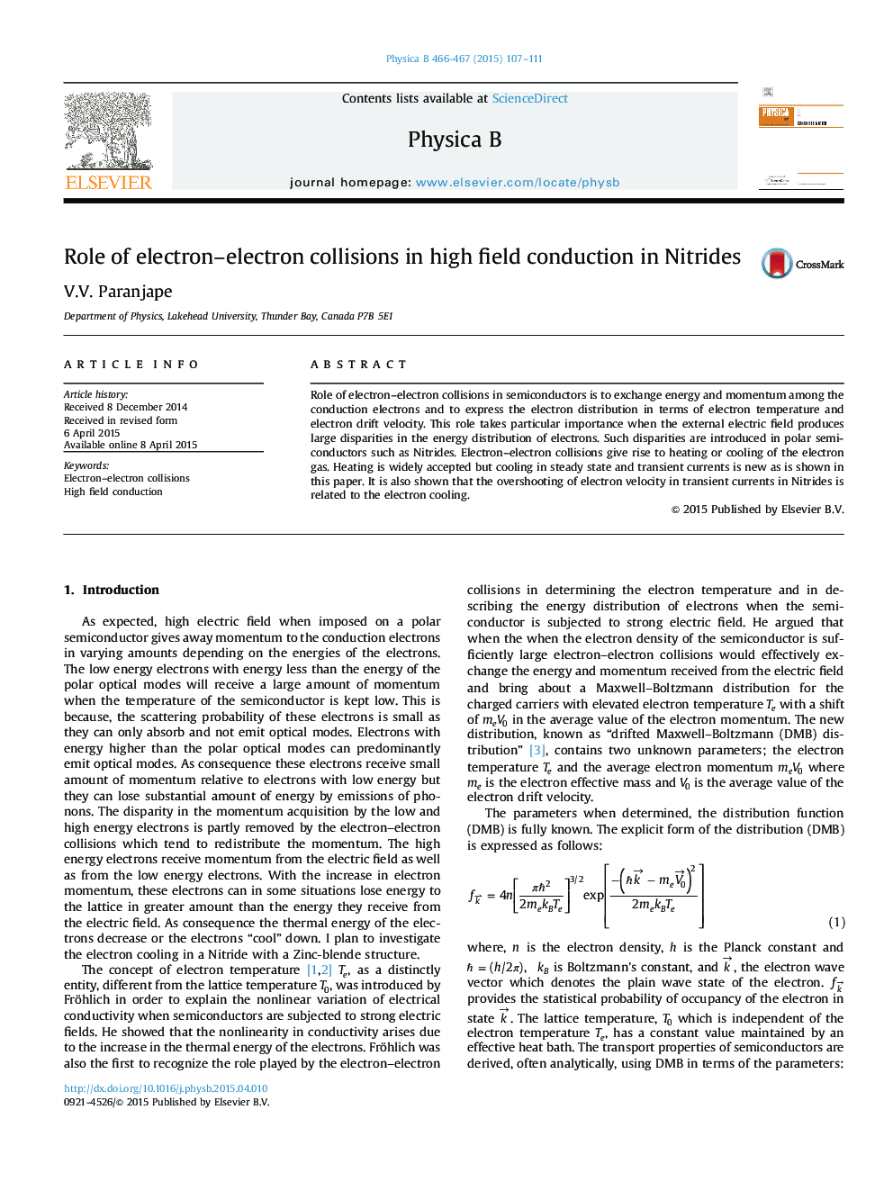 Role of electron-electron collisions in high field conduction in Nitrides