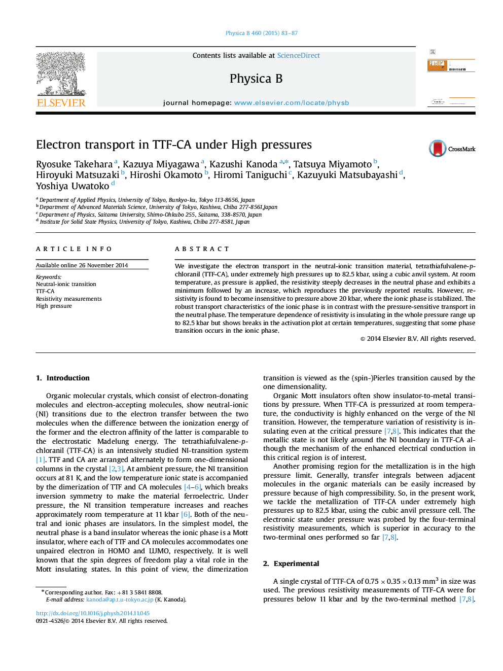 Electron transport in TTF-CA under High pressures