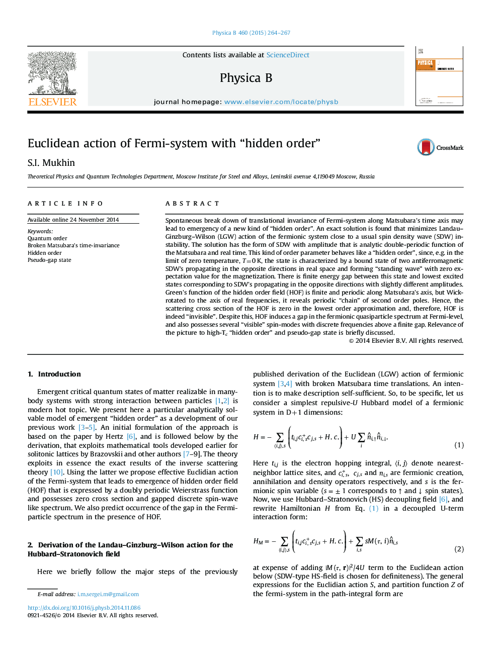 Euclidean action of Fermi-system with “hidden order”