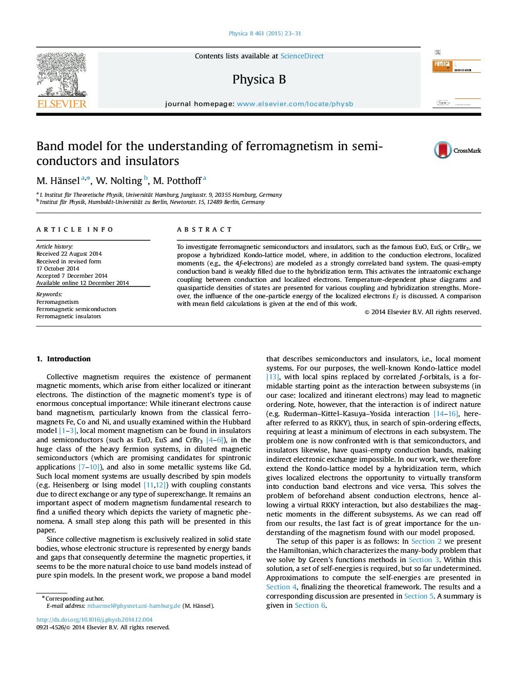 Band model for the understanding of ferromagnetism in semiconductors and insulators