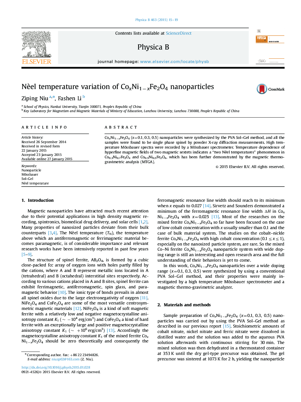 Nèel temperature variation of CoxNi1−xFe2O4 nanoparticles