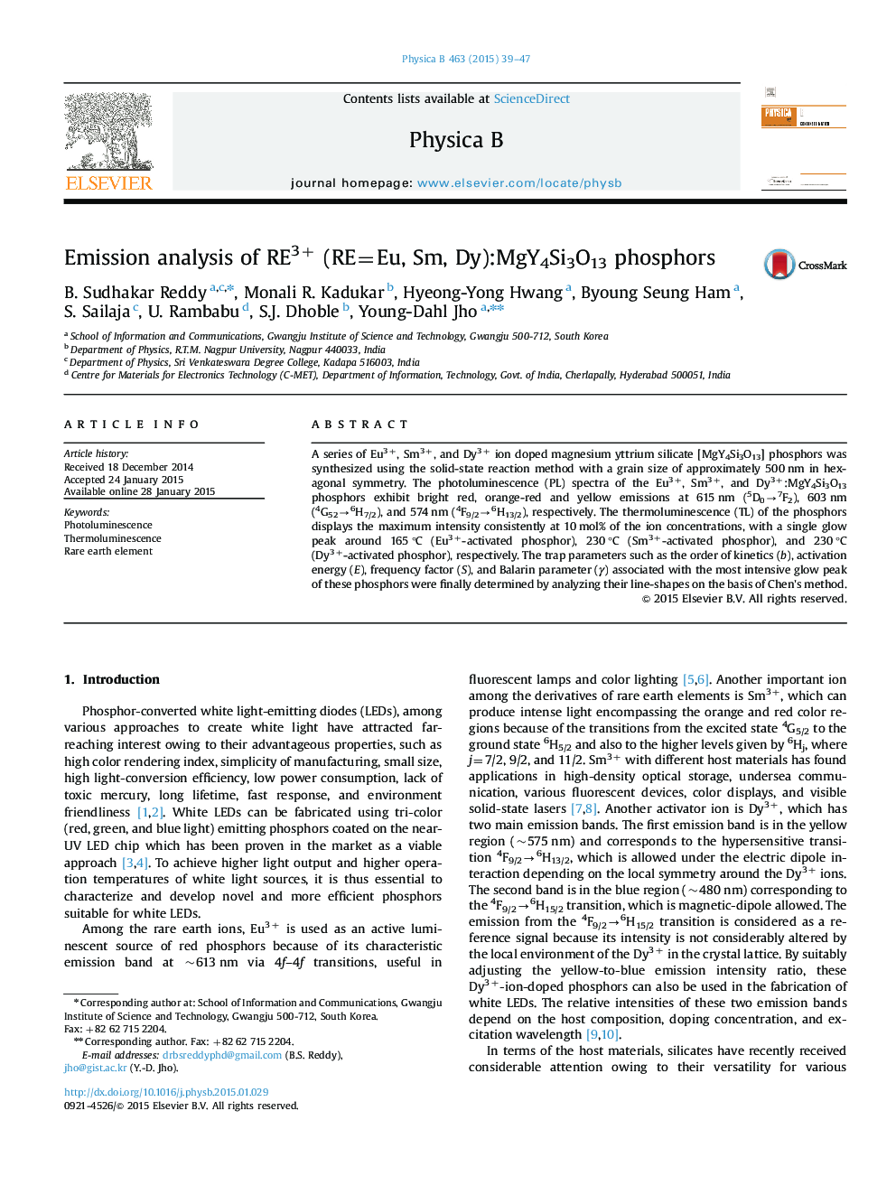 Emission analysis of RE3+ (RE=Eu, Sm, Dy):MgY4Si3O13 phosphors