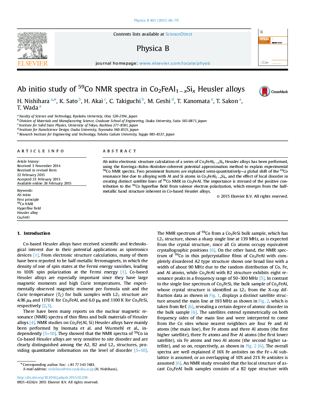 Ab initio study of 59Co NMR spectra in Co2FeAl1−xSix Heusler alloys