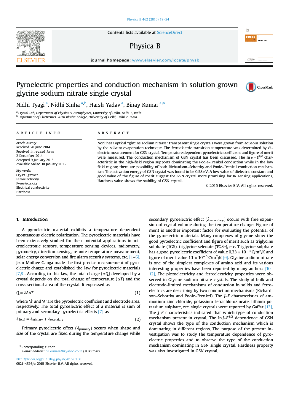 Pyroelectric properties and conduction mechanism in solution grown glycine sodium nitrate single crystal