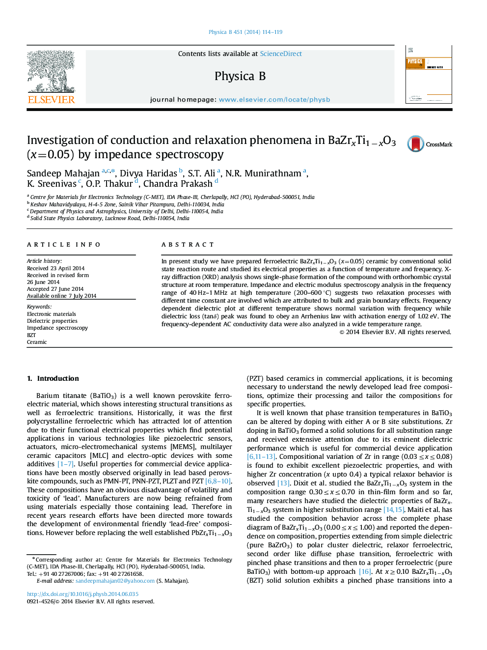 Investigation of conduction and relaxation phenomena in BaZrxTi1−xO3 (x=0.05) by impedance spectroscopy