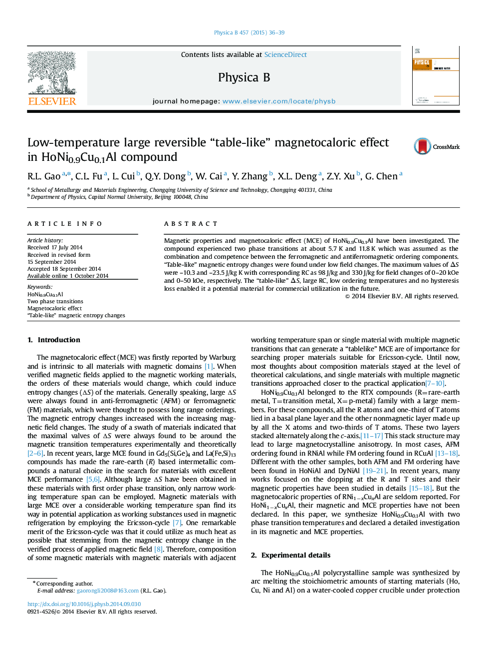 عکس صفحه اول مقاله: Low-temperature large reversible “table-like” magnetocaloric effect in HoNi0.9Cu0.1Al compound Low-temperature large reversible “table-like” magnetocaloric effect in HoNi0.9Cu0.1Al compound