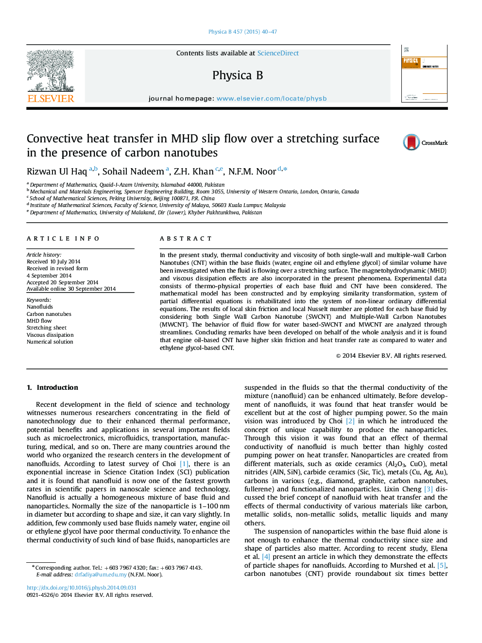 Convective heat transfer in MHD slip flow over a stretching surface in the presence of carbon nanotubes