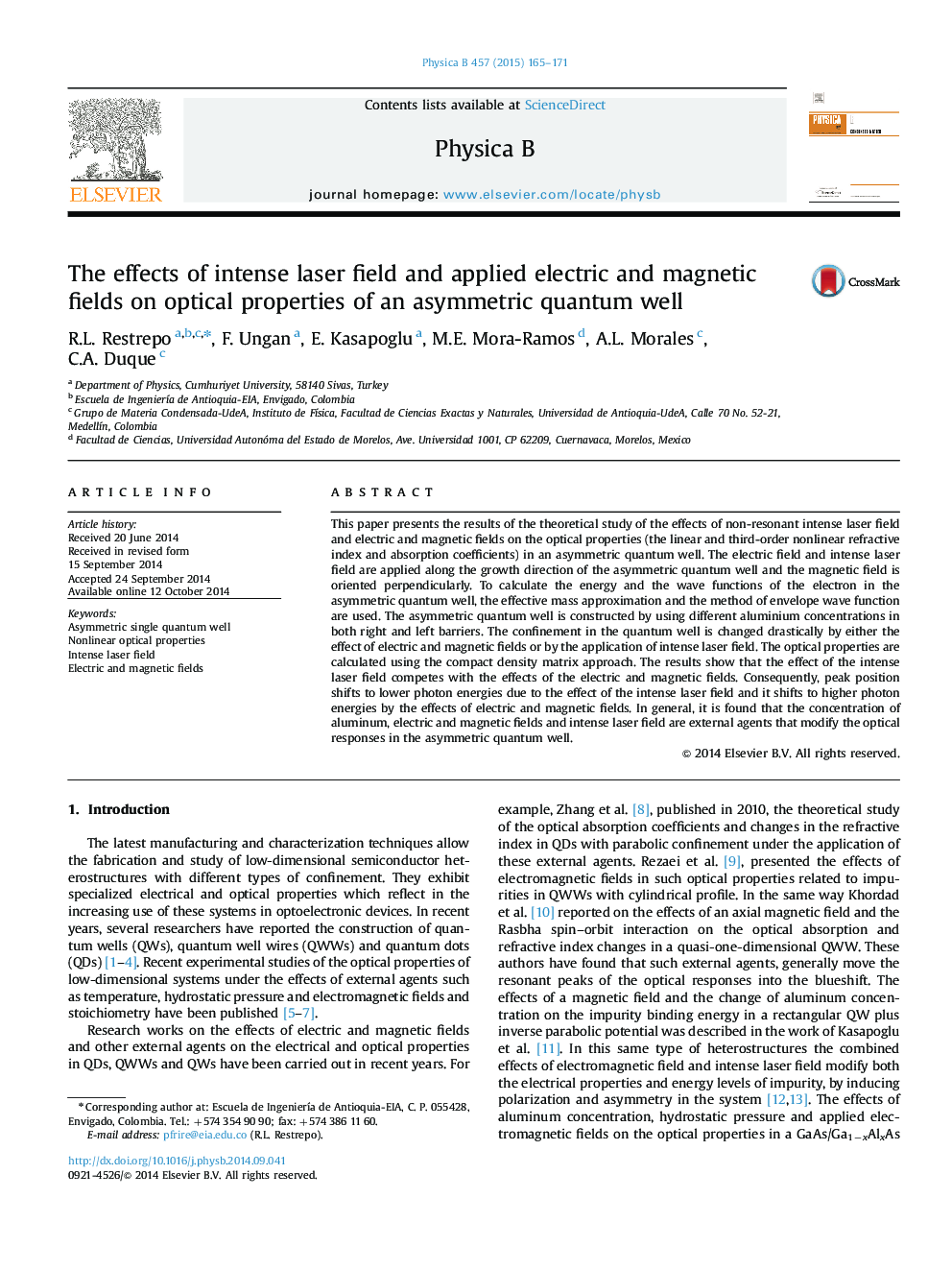 The effects of intense laser field and applied electric and magnetic fields on optical properties of an asymmetric quantum well