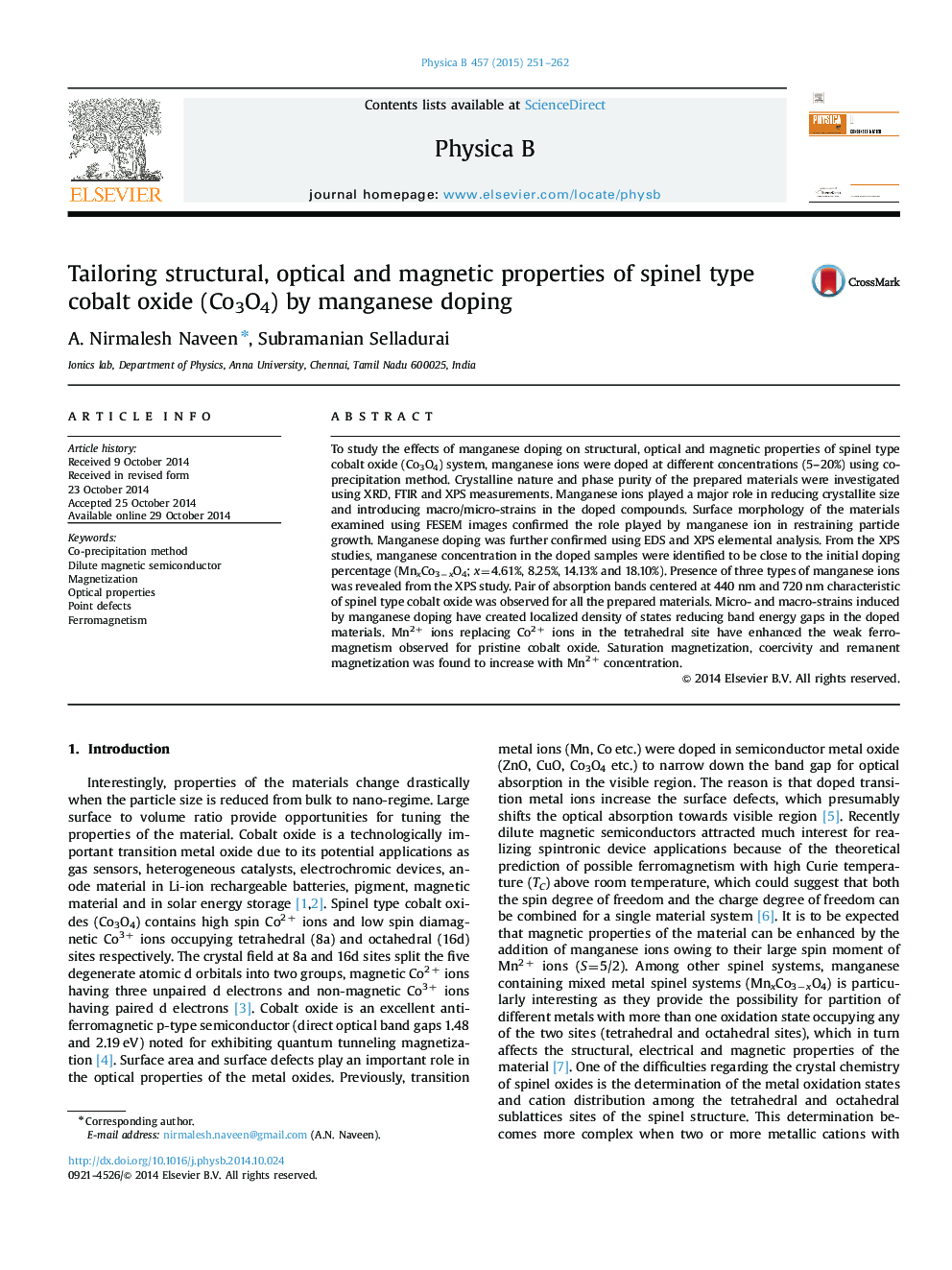 Tailoring structural, optical and magnetic properties of spinel type cobalt oxide (Co3O4) by manganese doping