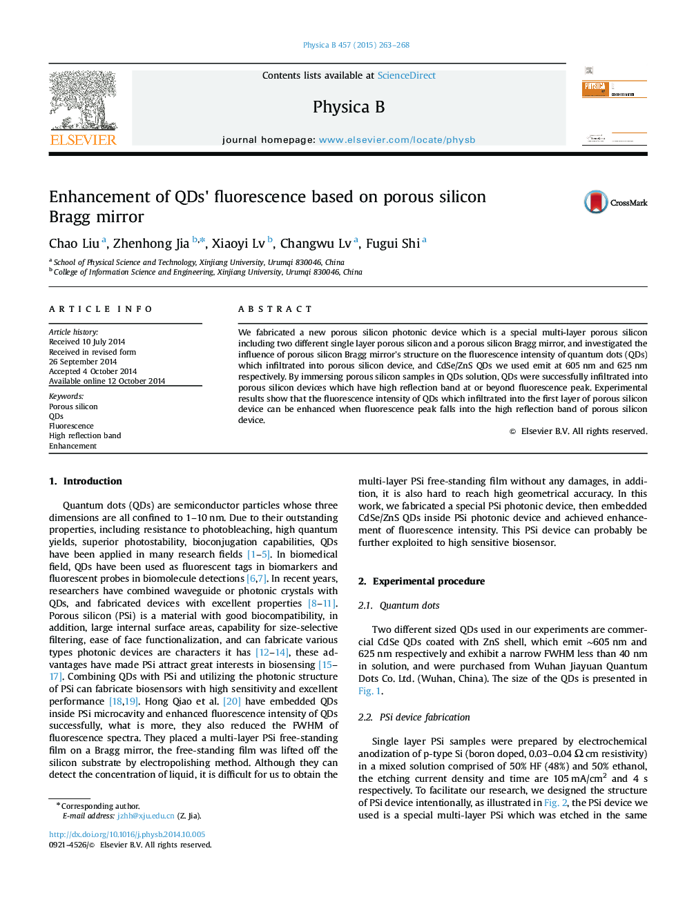 Enhancement of QDs' fluorescence based on porous silicon Bragg mirror