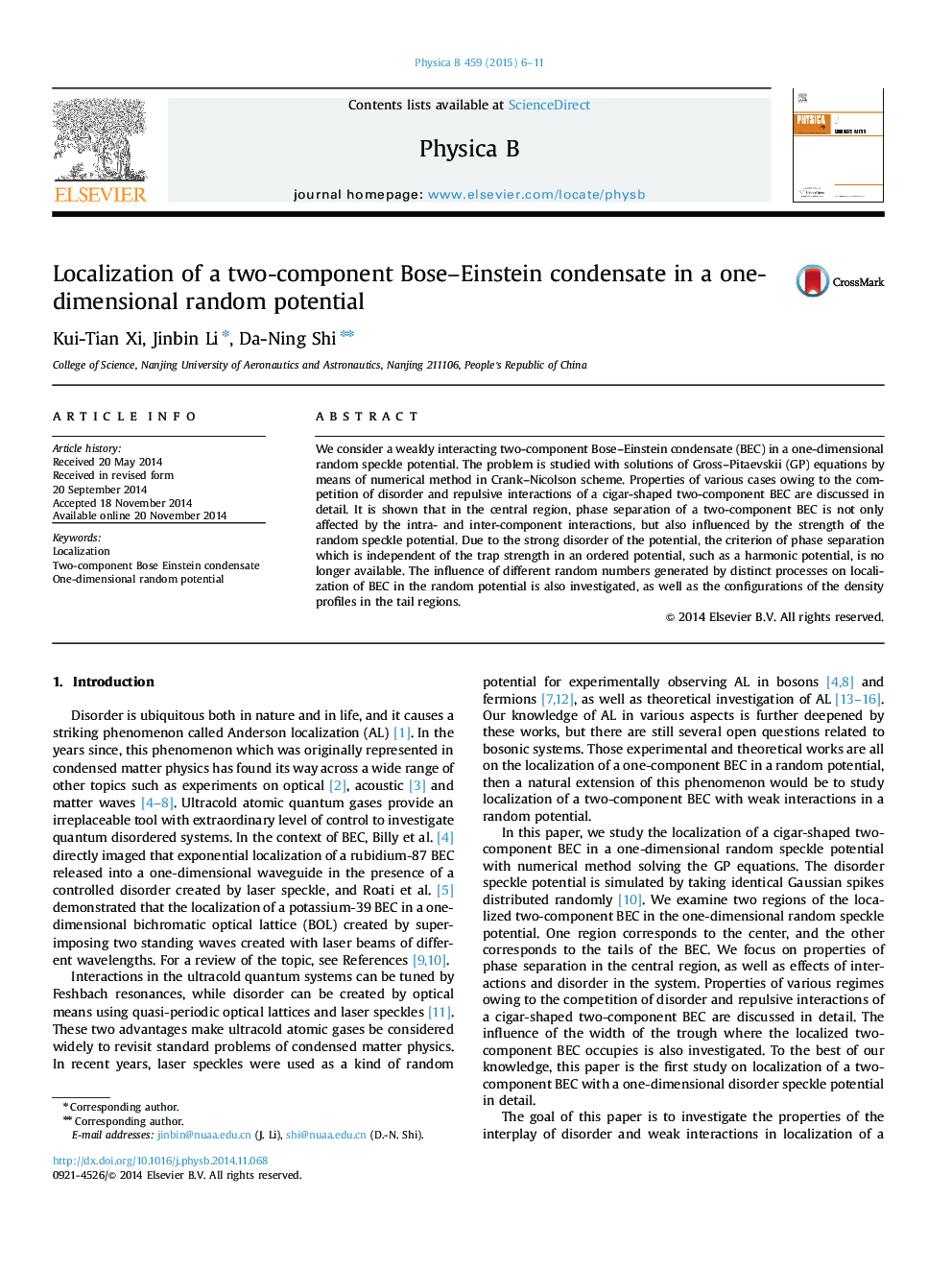 Localization of a two-component Bose–Einstein condensate in a one-dimensional random potential