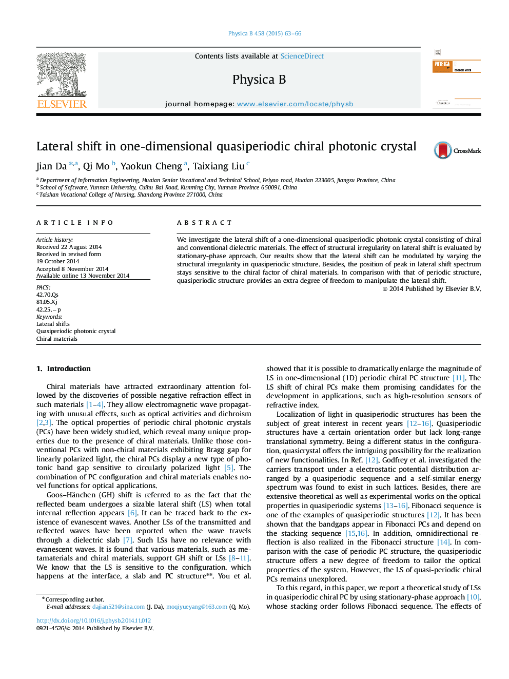 Lateral shift in one-dimensional quasiperiodic chiral photonic crystal