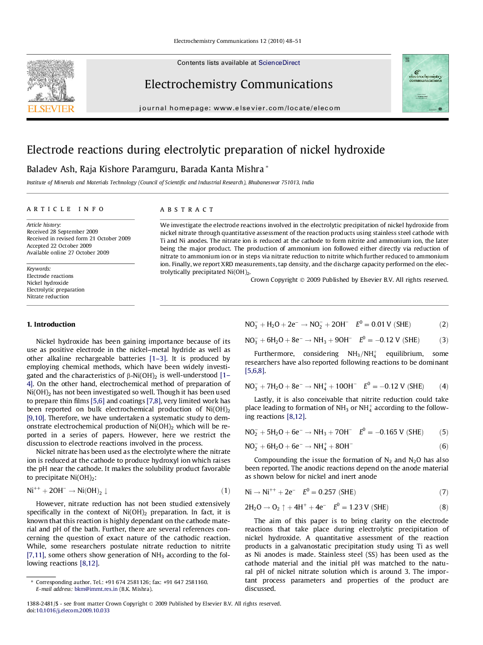 Electrode reactions during electrolytic preparation of nickel hydroxide