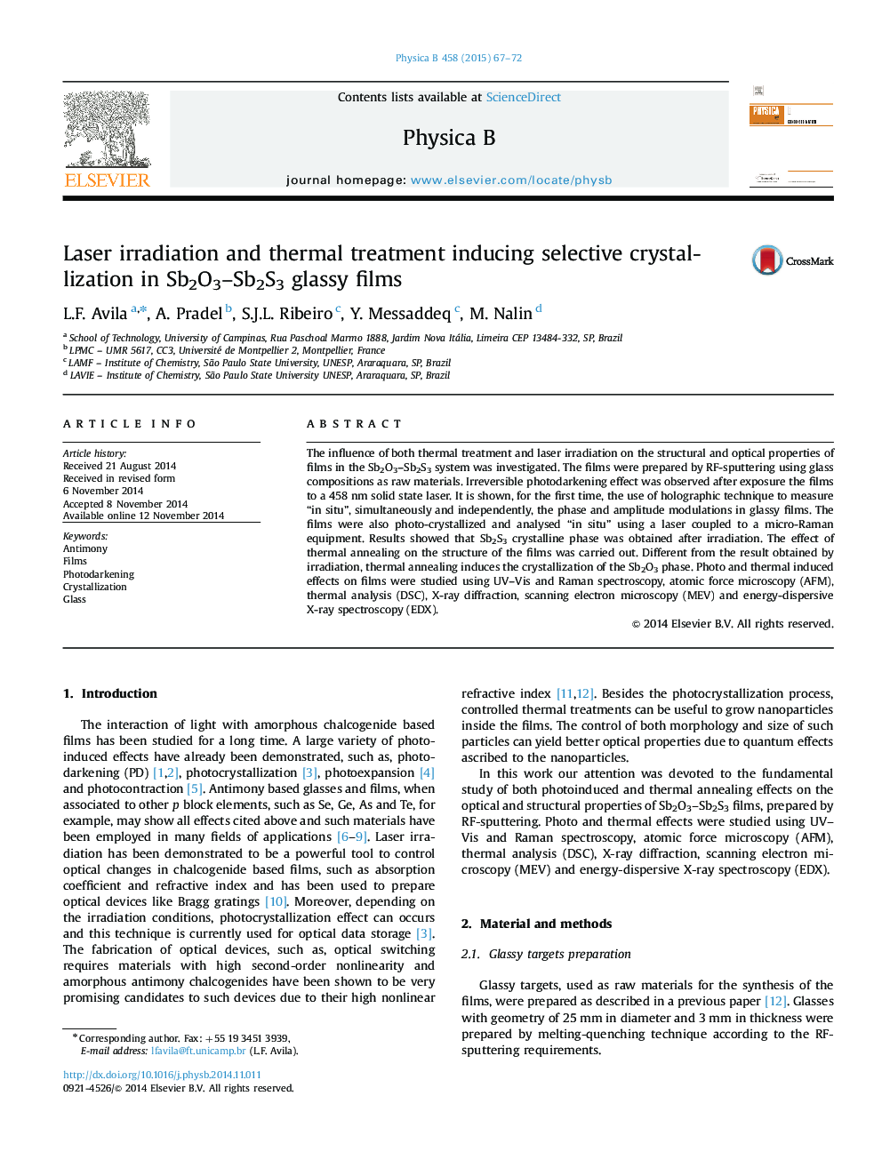 Laser irradiation and thermal treatment inducing selective crystallization in Sb2O3–Sb2S3 glassy films