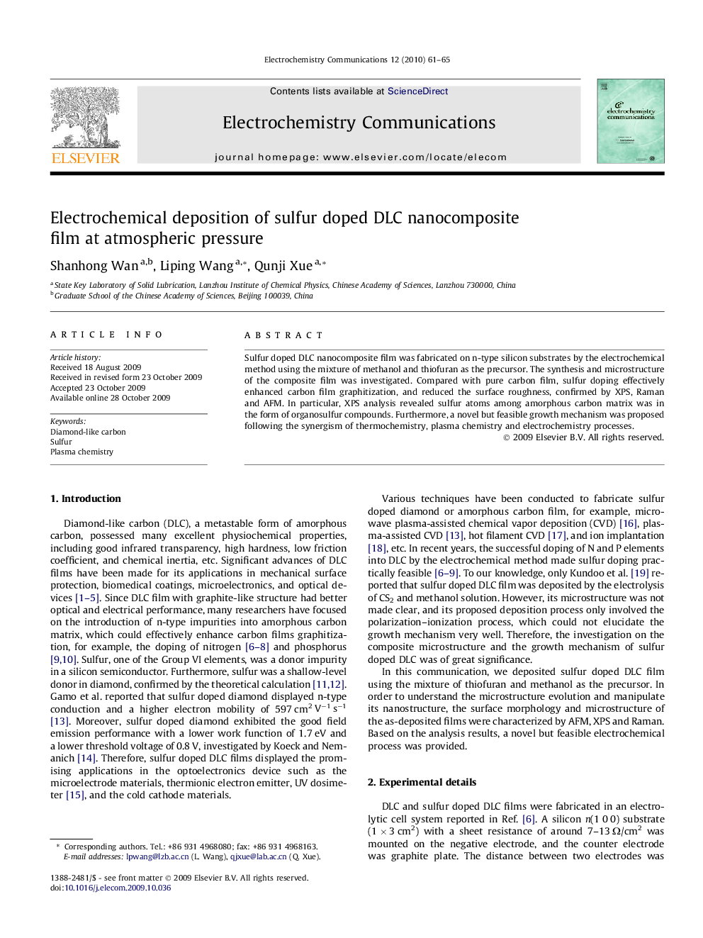 Electrochemical deposition of sulfur doped DLC nanocomposite film at atmospheric pressure