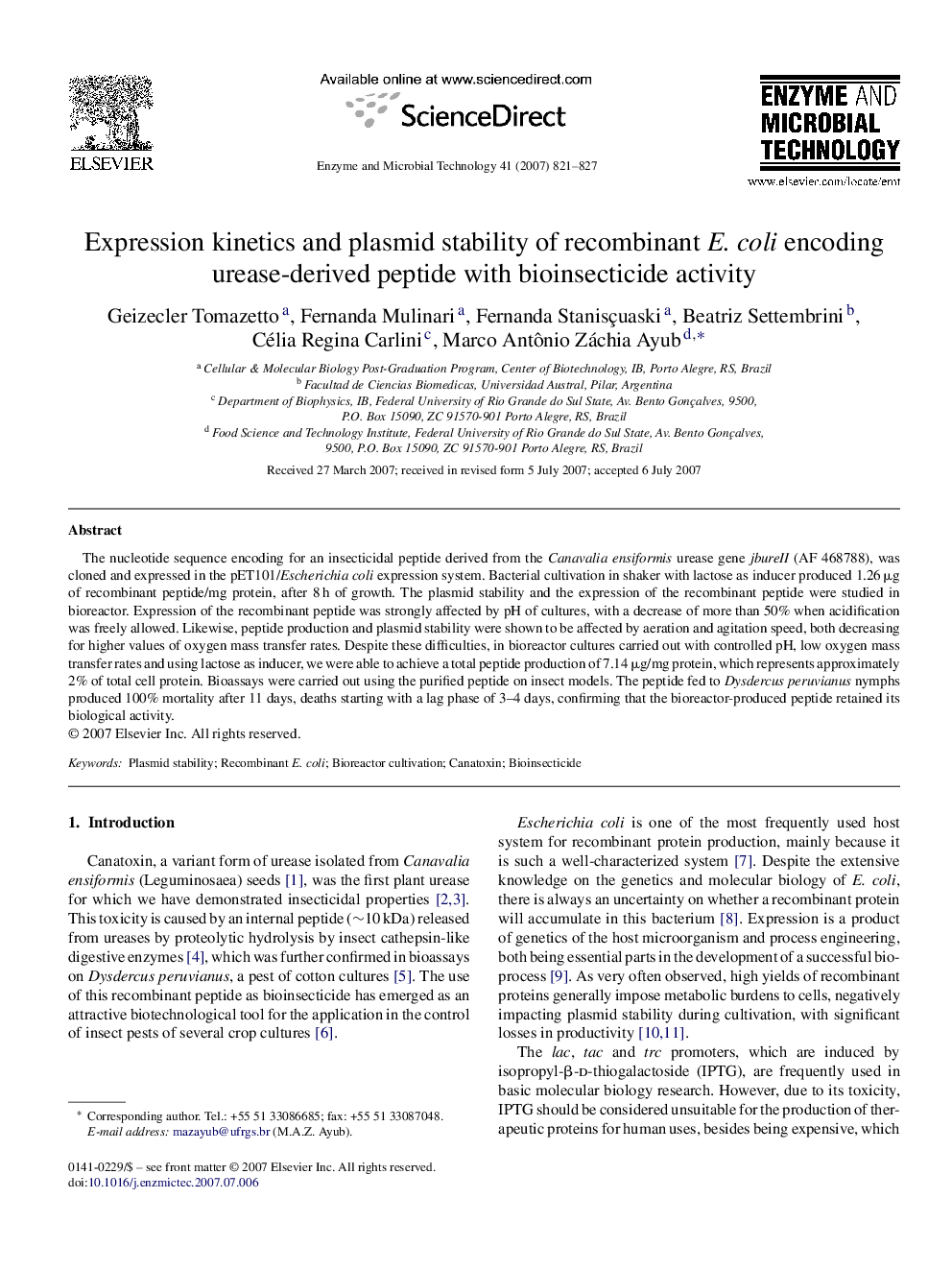 Expression kinetics and plasmid stability of recombinant E. coli encoding urease-derived peptide with bioinsecticide activity