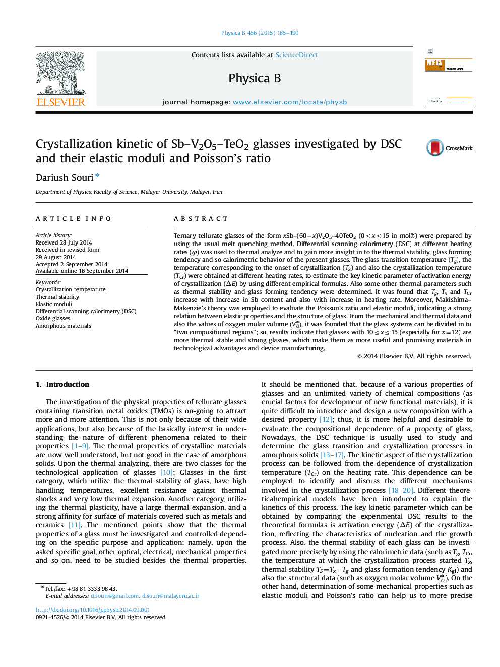 Crystallization kinetic of Sb–V2O5–TeO2 glasses investigated by DSC and their elastic moduli and Poisson’s ratio